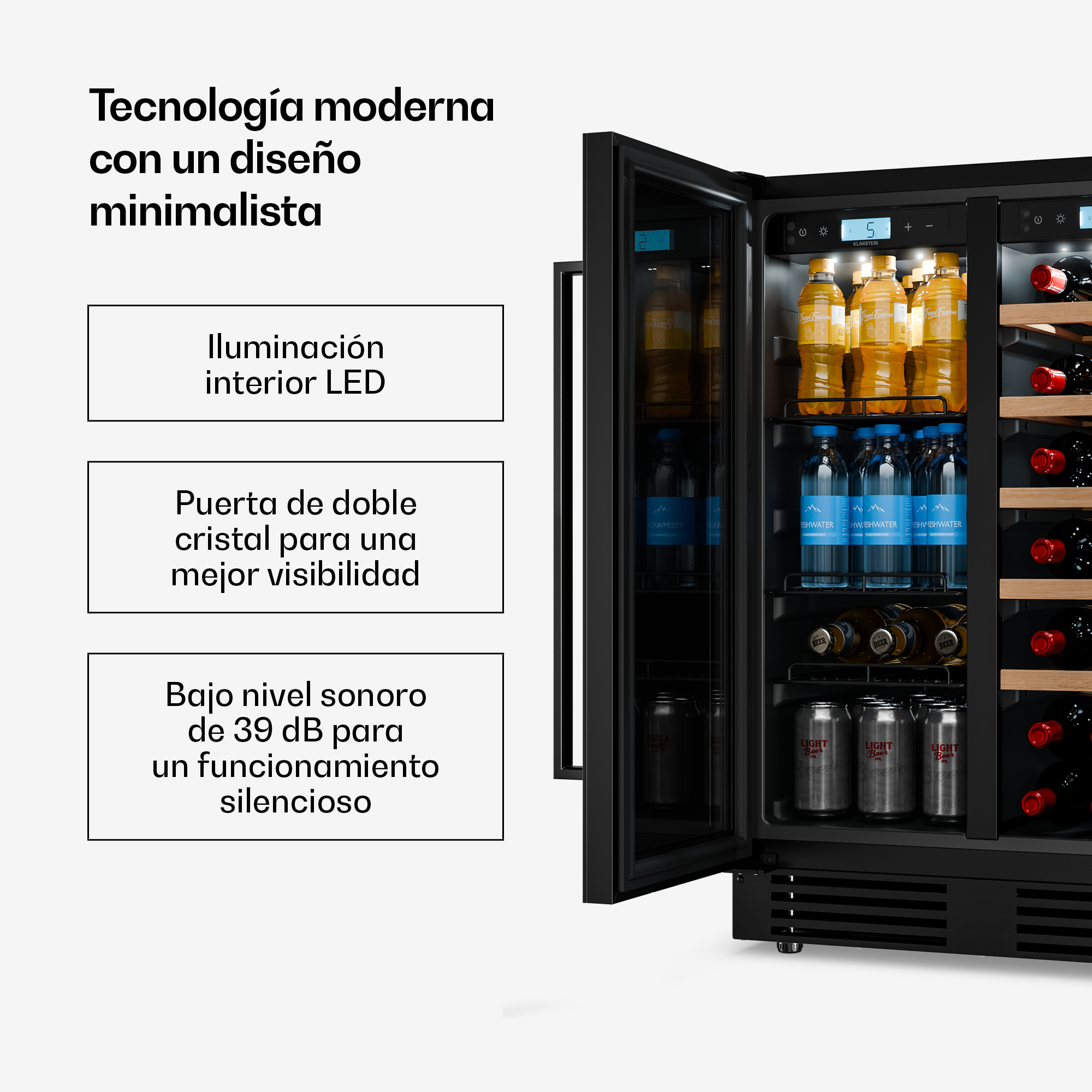 Ein schwarzer Getränke- und Weinkühlschrank mit Getränken, daneben spanische Textfelder mit Produktmerkmalen.