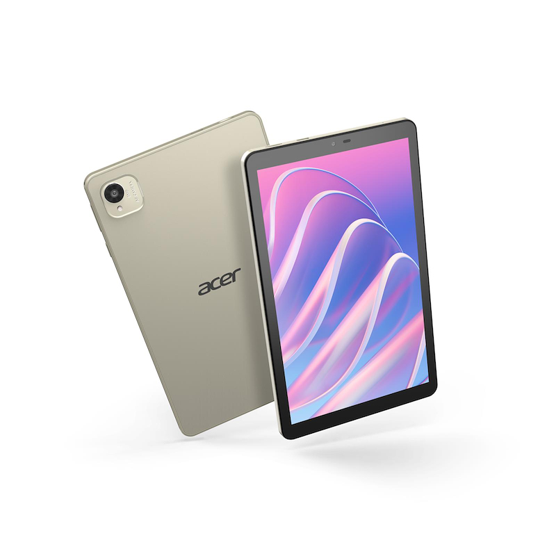 Una tableta Acer dorada se muestra de pie con pantalla colorida, junto a su carcasa trasera y cámara.