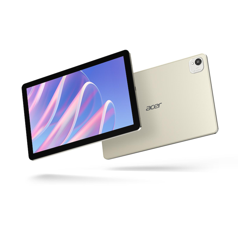 Dos tabletas Acer doradas flotando, una muestra la pantalla y la otra la parte trasera con cámara.