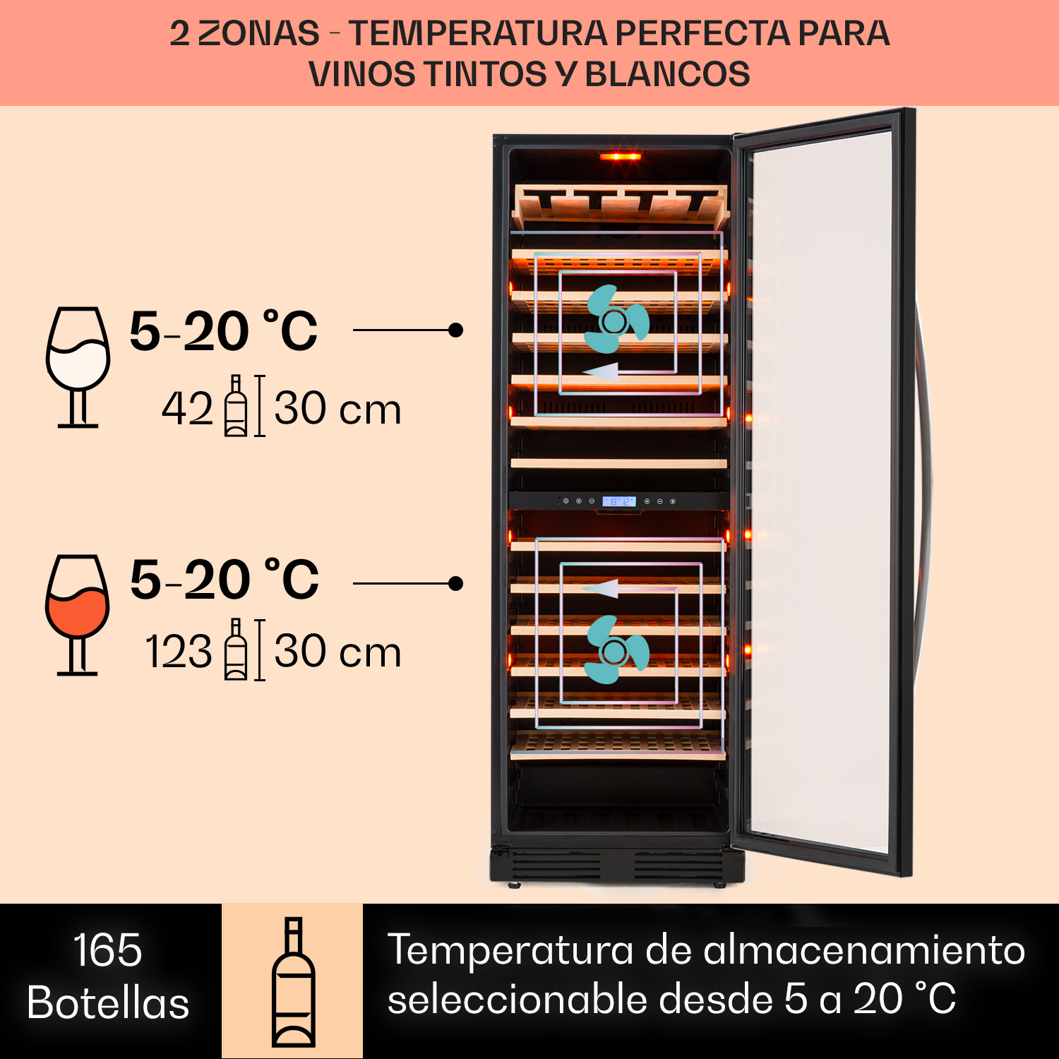 Weinkühlschrank mit zwei Zonen, Holzeinlegeböden und 165 Flaschen Kapazität.