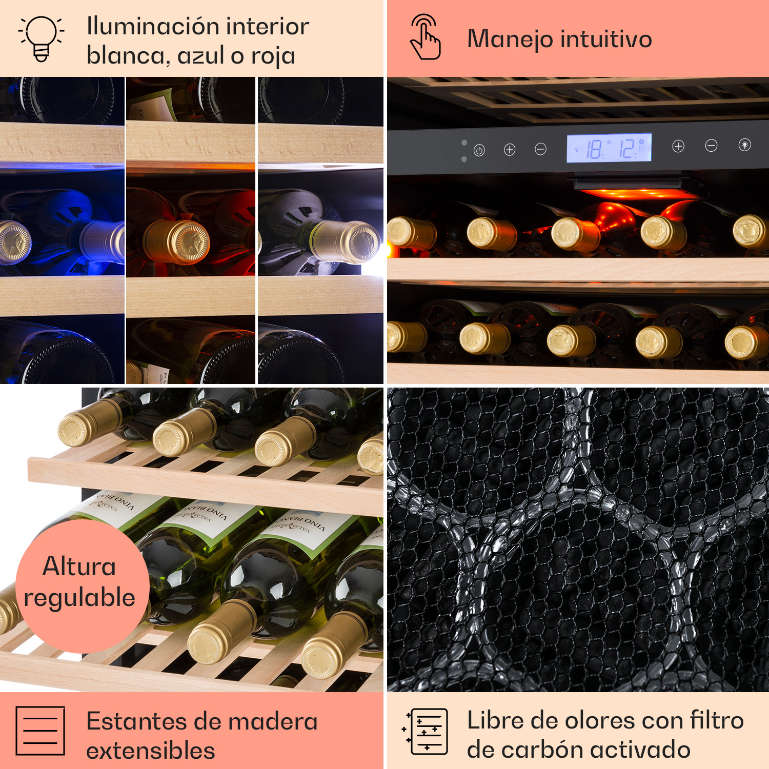 Vier Bilder zeigen Weinkühlschrankfunktionen: Beleuchtung, Touch-Steuerung, Holzregale und Kohlefilter.