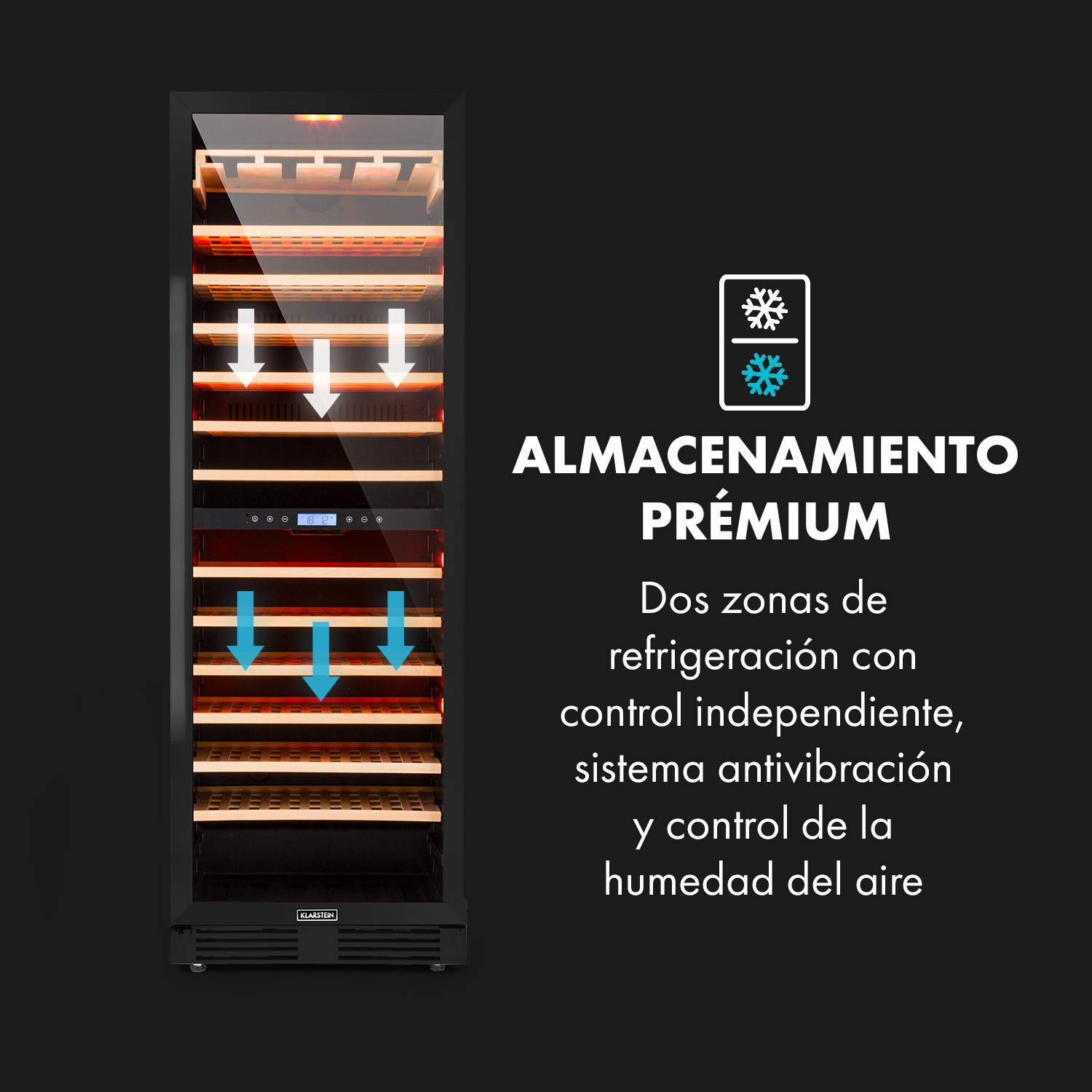 Hoher schwarzer Weinkühlschrank mit Holzregalen, zwei Temperaturzonen und spanischem Text vor dunklem Hintergrund.