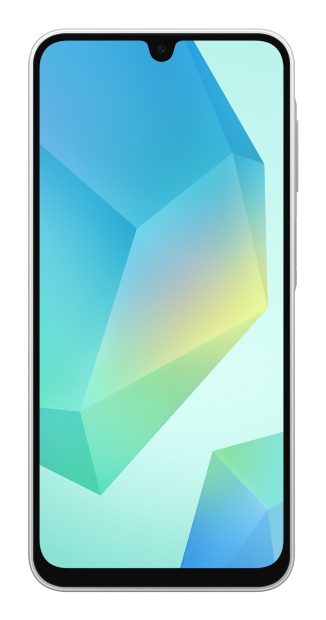 Uno smartphone bianco mostra uno sfondo geometrico blu e verde sullo schermo.