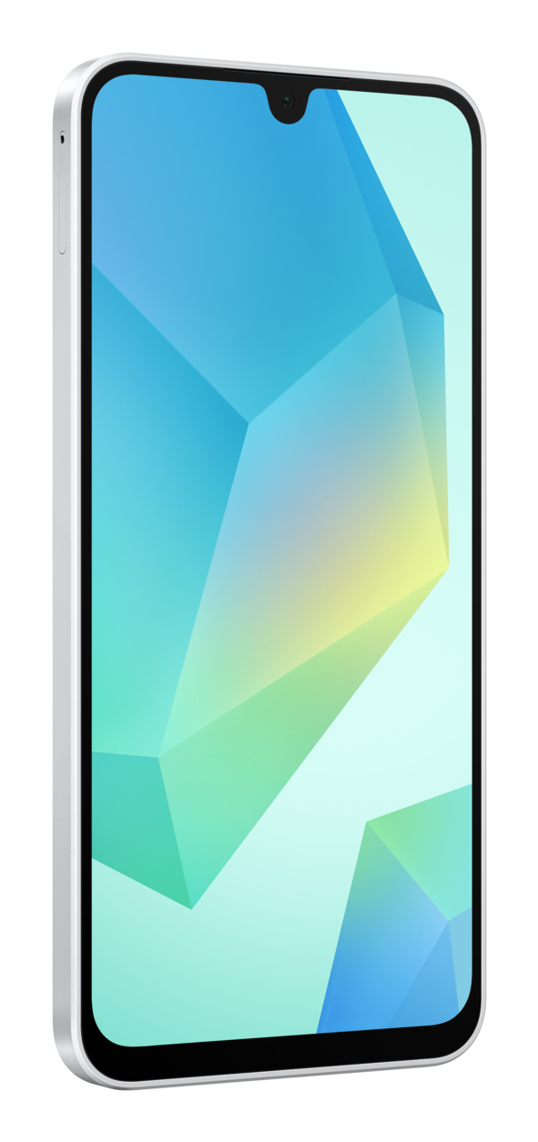 Uno smartphone bianco con uno sfondo geometrico blu e verde sullo schermo, mostrato da un'angolazione.