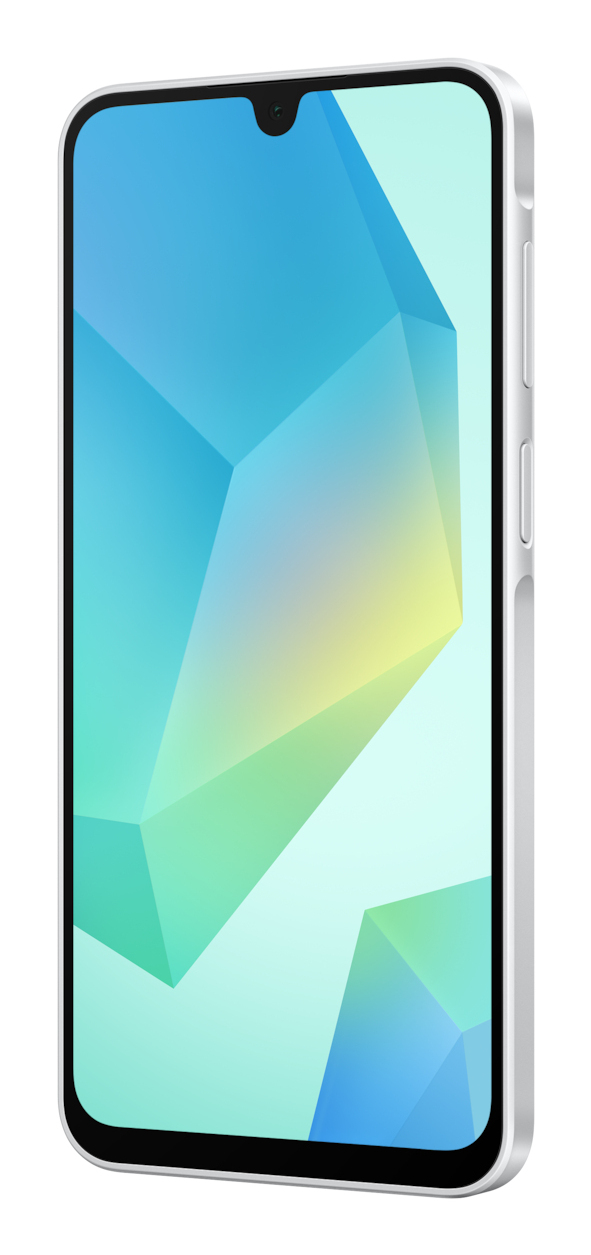 Uno smartphone bianco con sfondo geometrico blu e verde, tasti laterali e notch per la fotocamera.