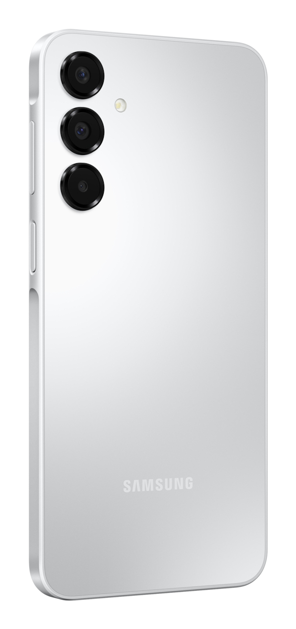 Il retro di uno smartphone Samsung bianco con tripla fotocamera verticale e il logo Samsung.
