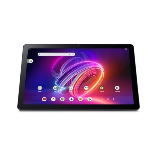 Una tableta negra que muestra un fondo de pantalla abstracto y colorido con iconos de aplicaciones.