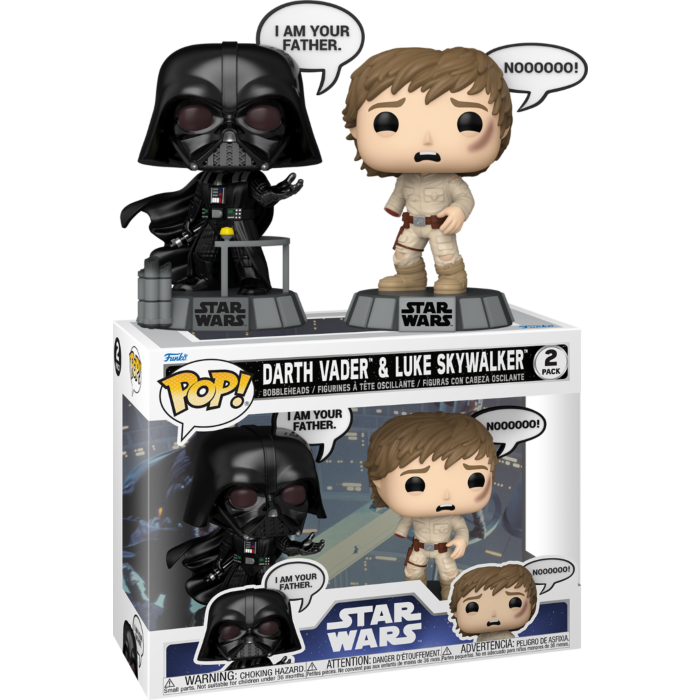 Funko Pop Star Wars 2er-Pack mit Darth Vader und Luke Skywalker mit Sprechblasen.