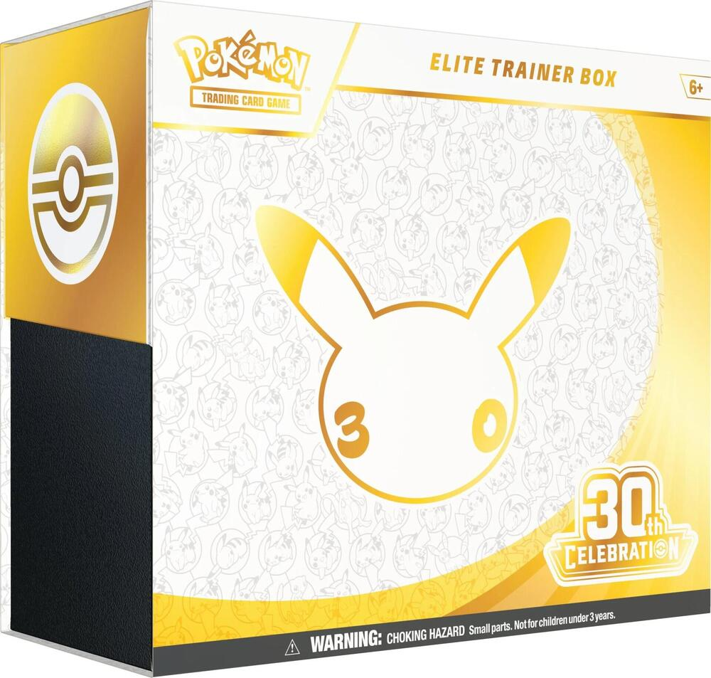 Eine weiß-goldene Pokémon TCG 30th Celebration Elite Trainer Box mit Pikachu-Silhouette und Warnhinweis.