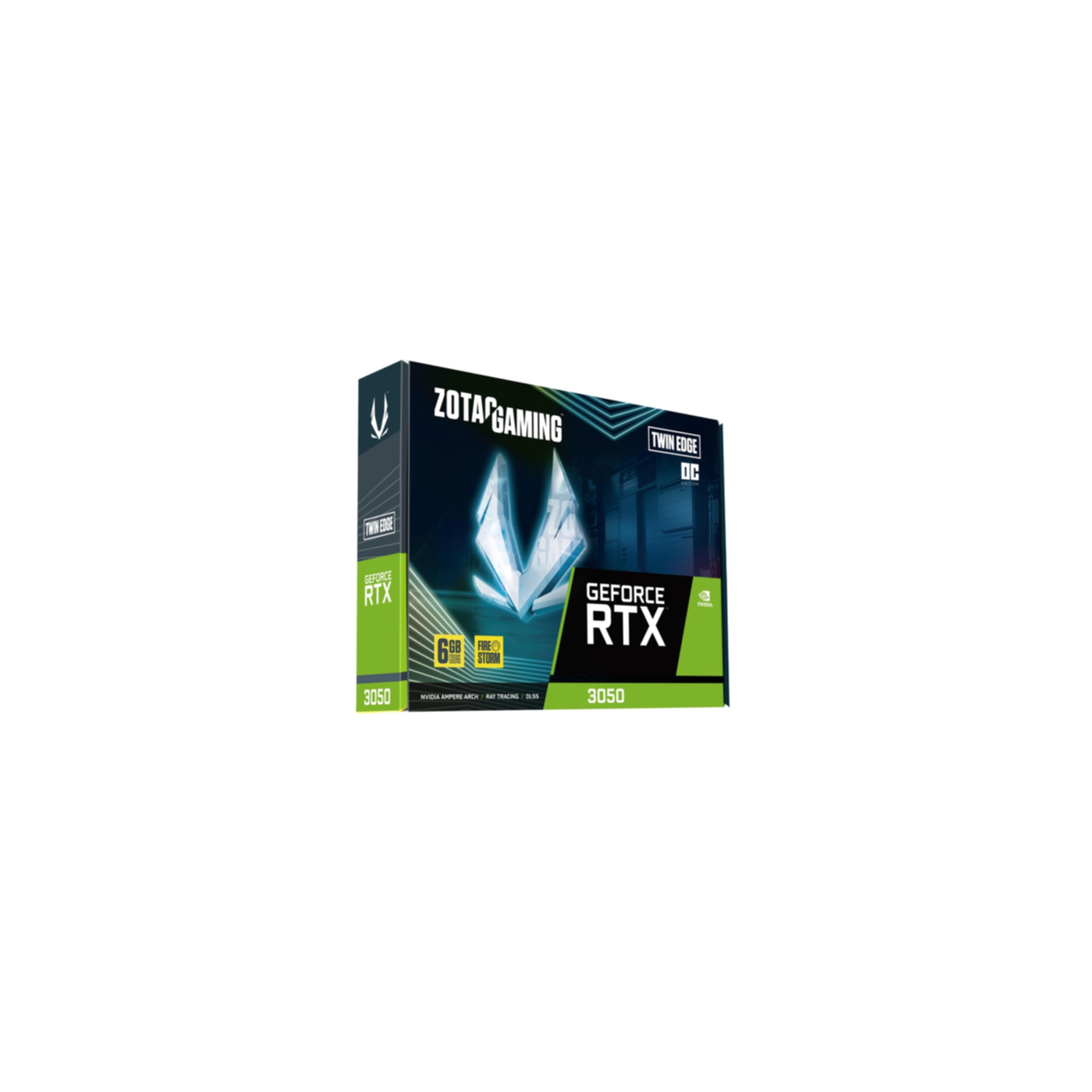 Confezione della scheda grafica Zotac Gaming GeForce RTX 3050 con logo bianco e dettagli verdi.