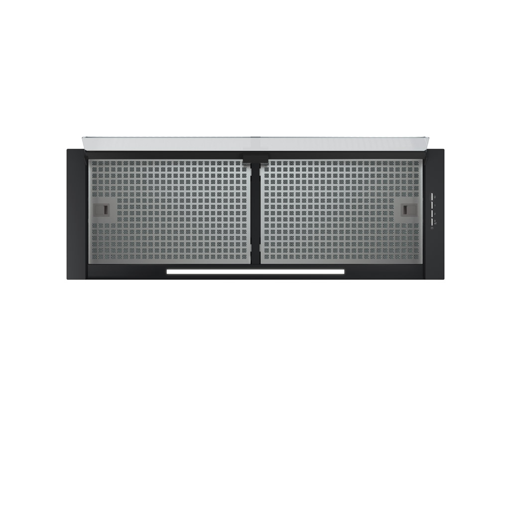 Campana extractora negra con dos filtros de malla metálica gris y barra LED sobre fondo blanco.