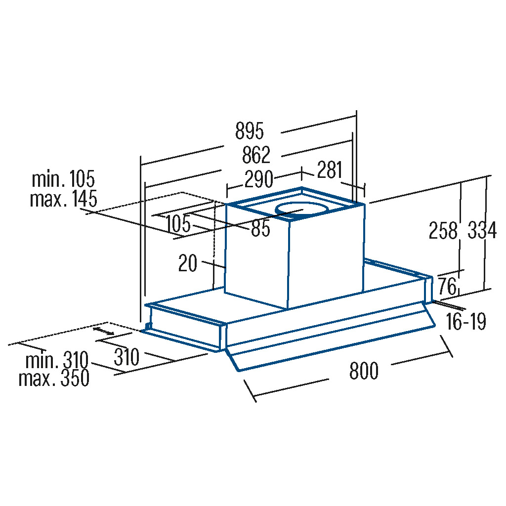 Dibujo técnico de una campana extractora con medidas dimensionales en blanco sobre fondo azul.