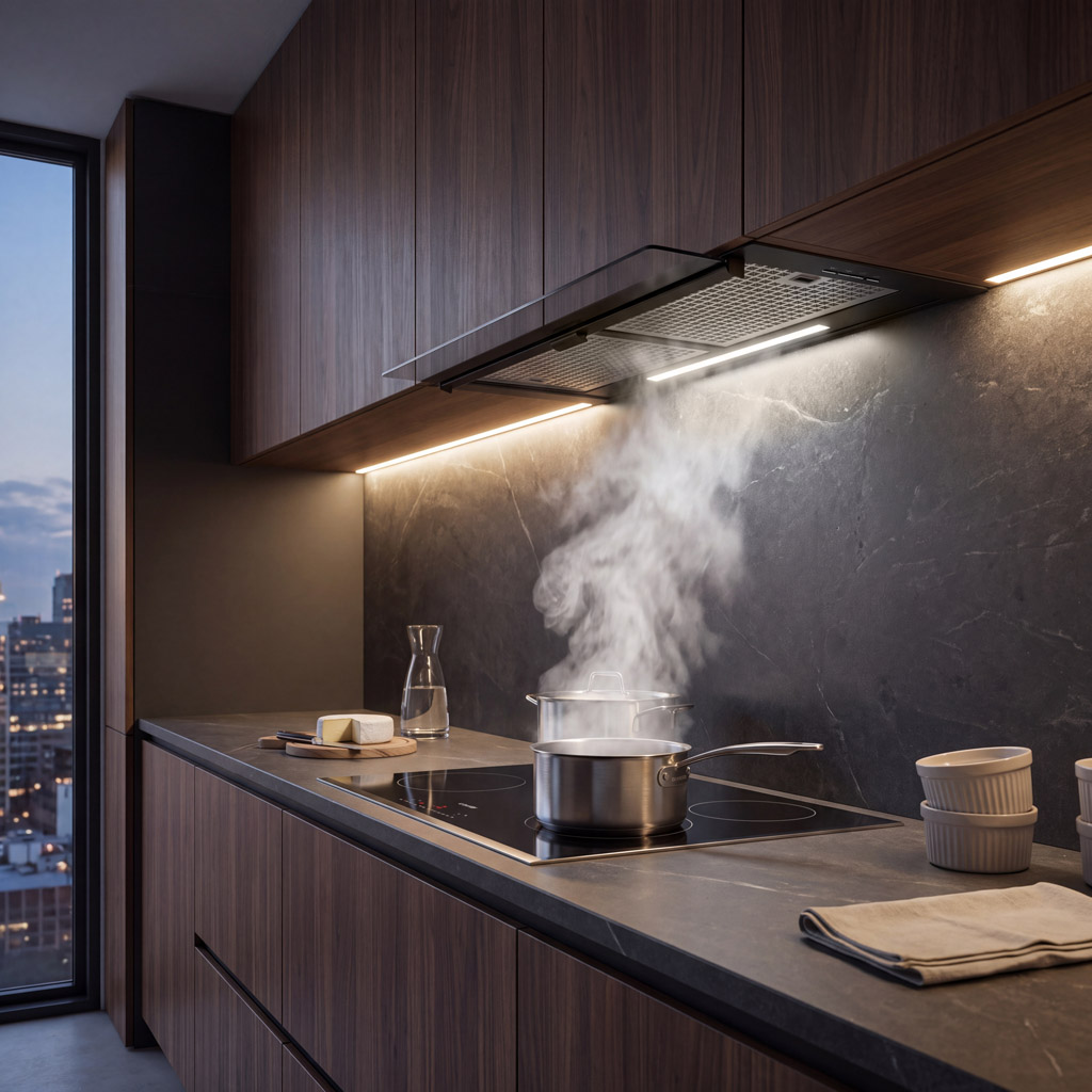 Cocina moderna con gabinetes de madera, ollas humeantes en la estufa y vista a la ciudad al atardecer.