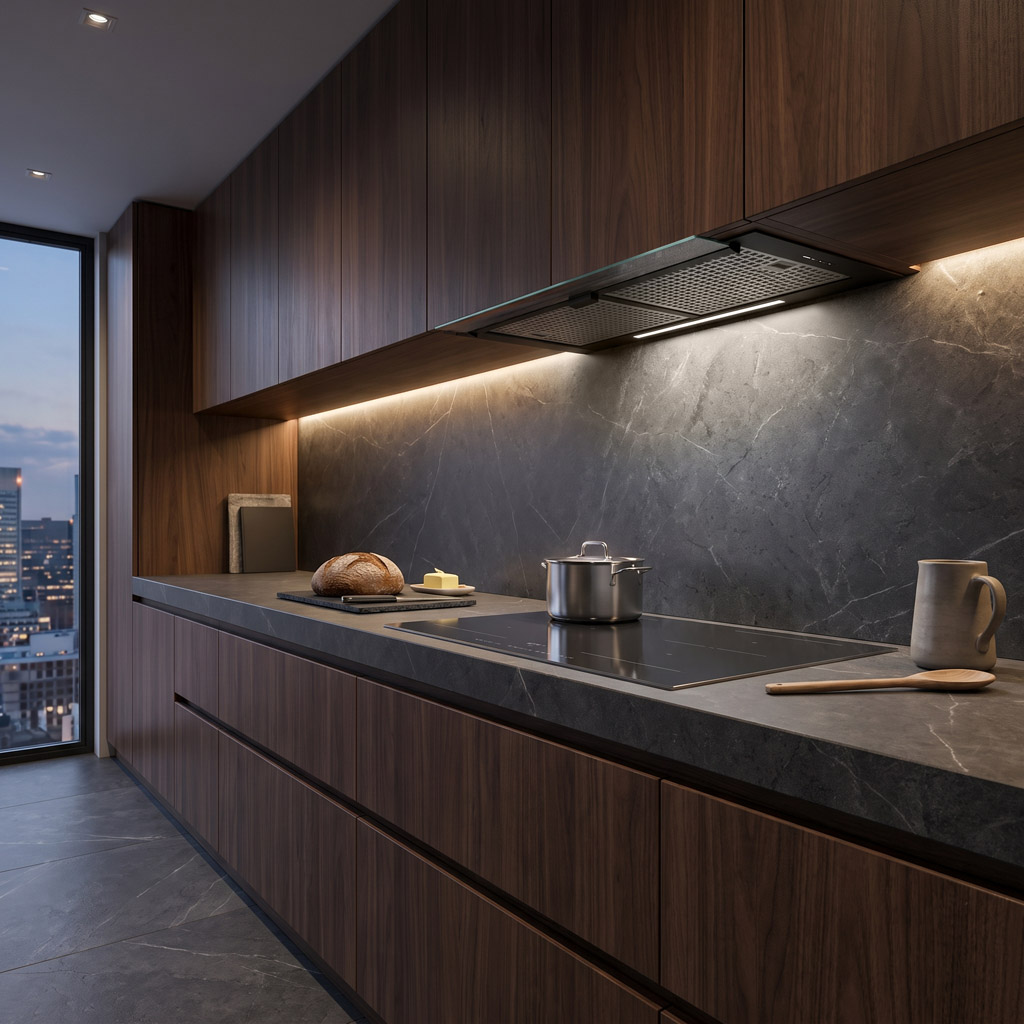 Cocina moderna con gabinetes de madera, encimera de piedra oscura, placa, olla y vista a la ciudad al atardecer.