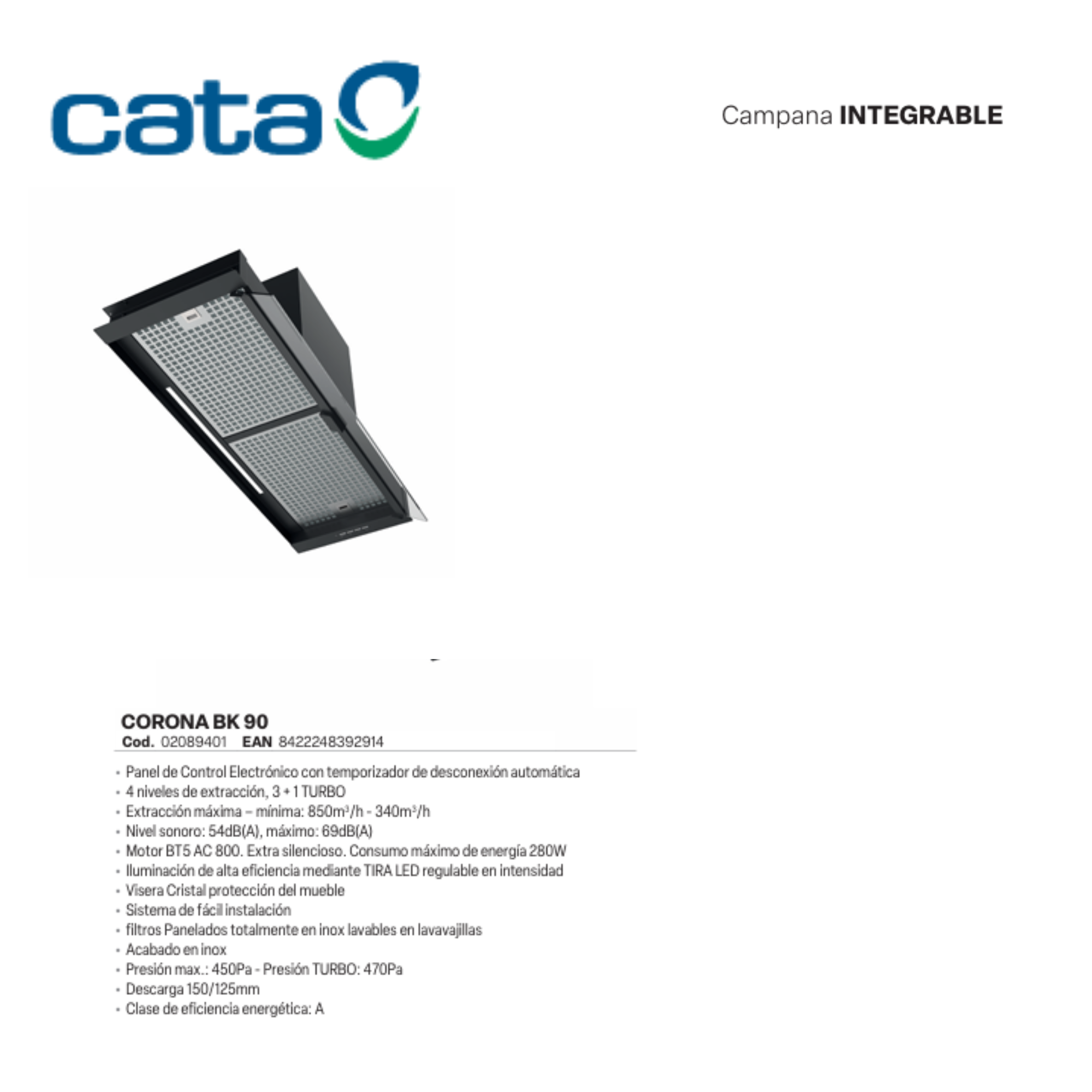 Campana extractora negra Cata CORONA BK 90 con especificaciones y logotipo.