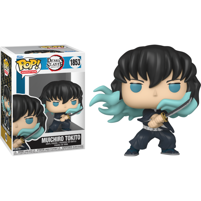 Figura Funko Pop de Muichiro Tokito con espada, junto a su caja.