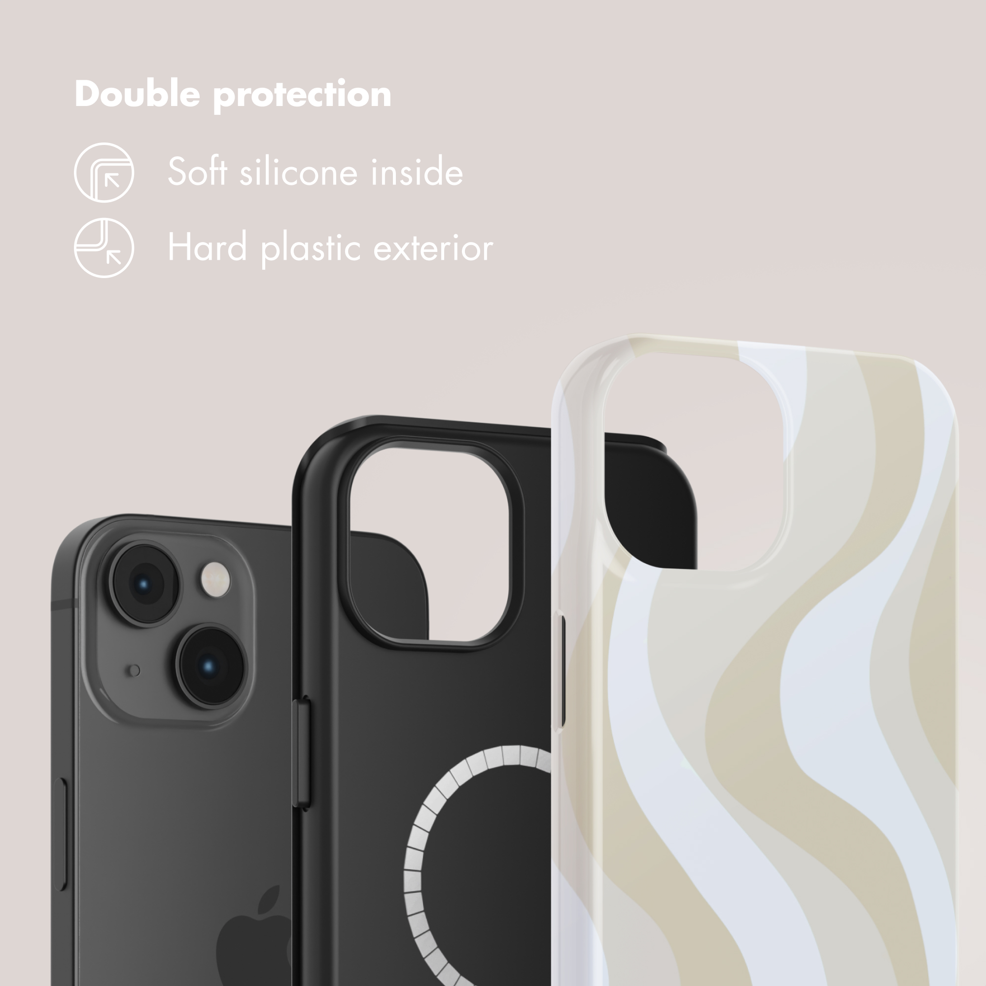 Doppelter Schutz mit weichem Silikon innen und harter Plastikaußenseite für Smartphones.