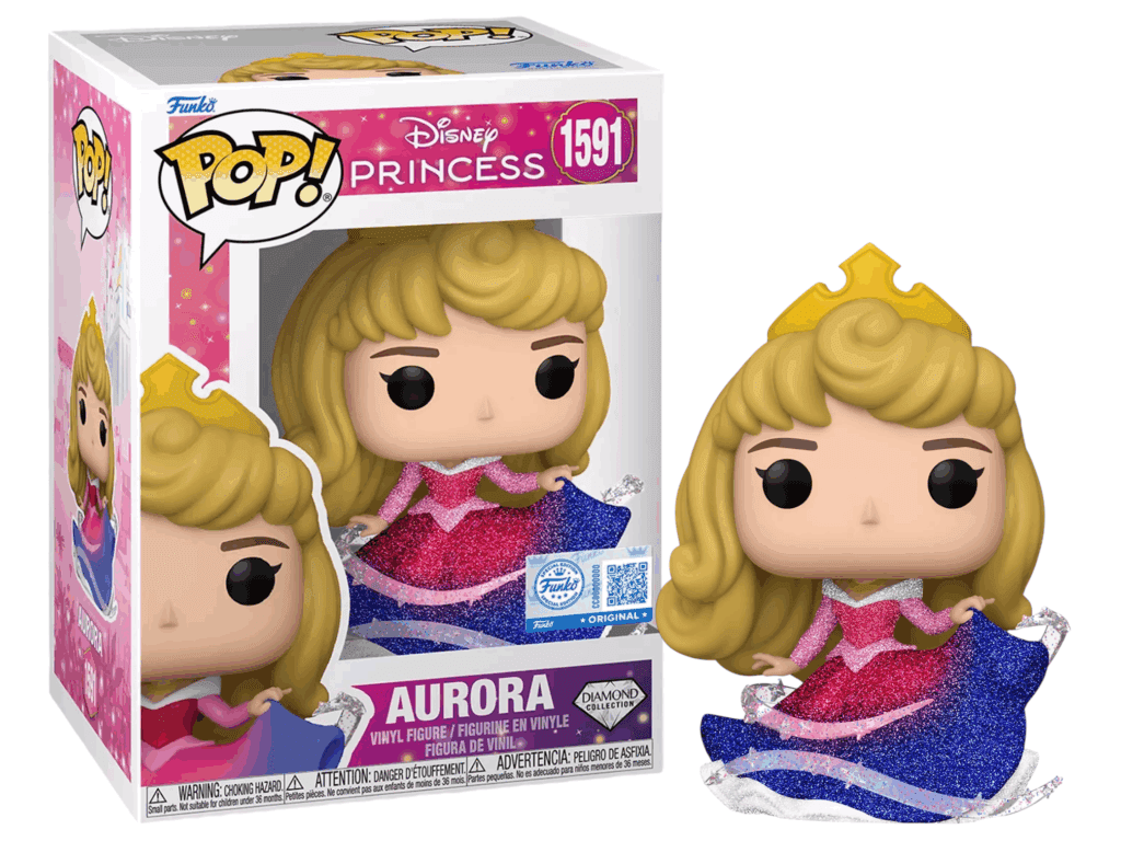 Figura Funko Pop de la Princesa Aurora de Disney con vestido brillante rosa y azul y tiara junto a su caja.
