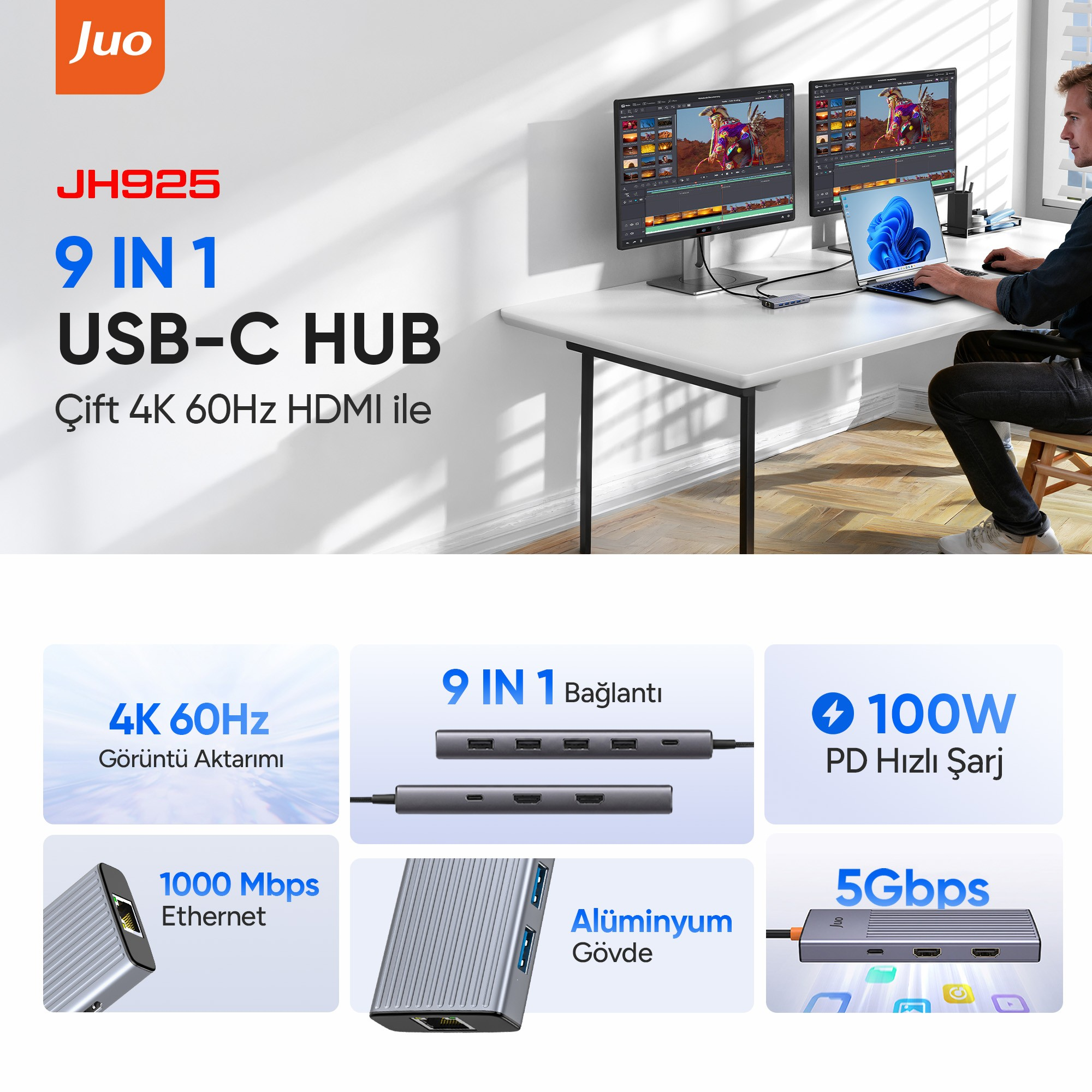 Juo JH925 9'u 1 arada USB-C Hub, çoklu bağlantı noktaları ve 4K 60Hz, 100W PD gibi özellikler sunar.