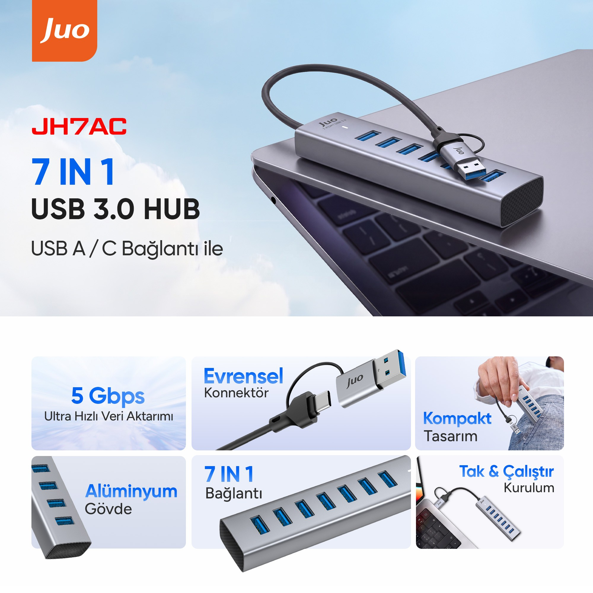Dizüstü bilgisayar üzerinde JuO JH7AC 7'si 1 arada alüminyum USB 3.0 hub, yedi mavi USB bağlantı noktasıyla.