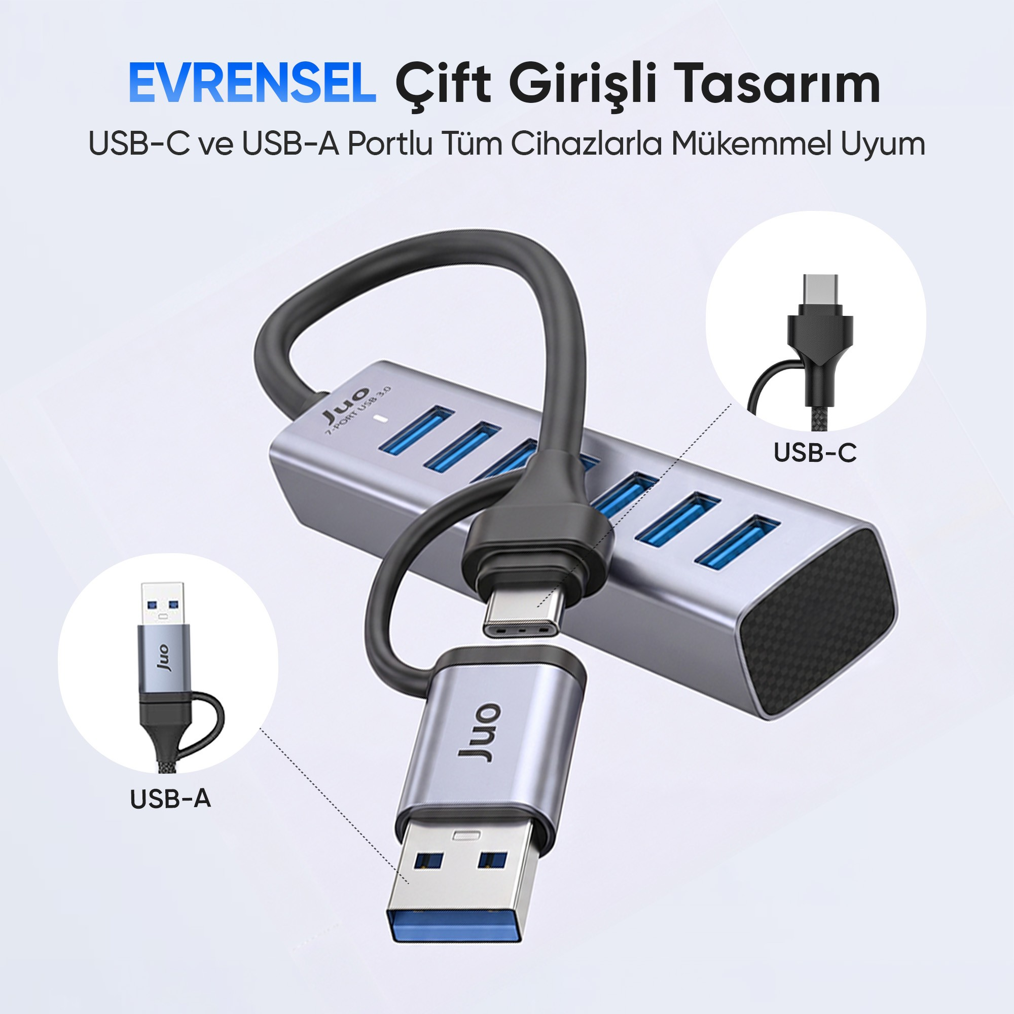 Çift USB-C ve USB-A kablolu gri renkli 7 portlu USB çoklayıcı.