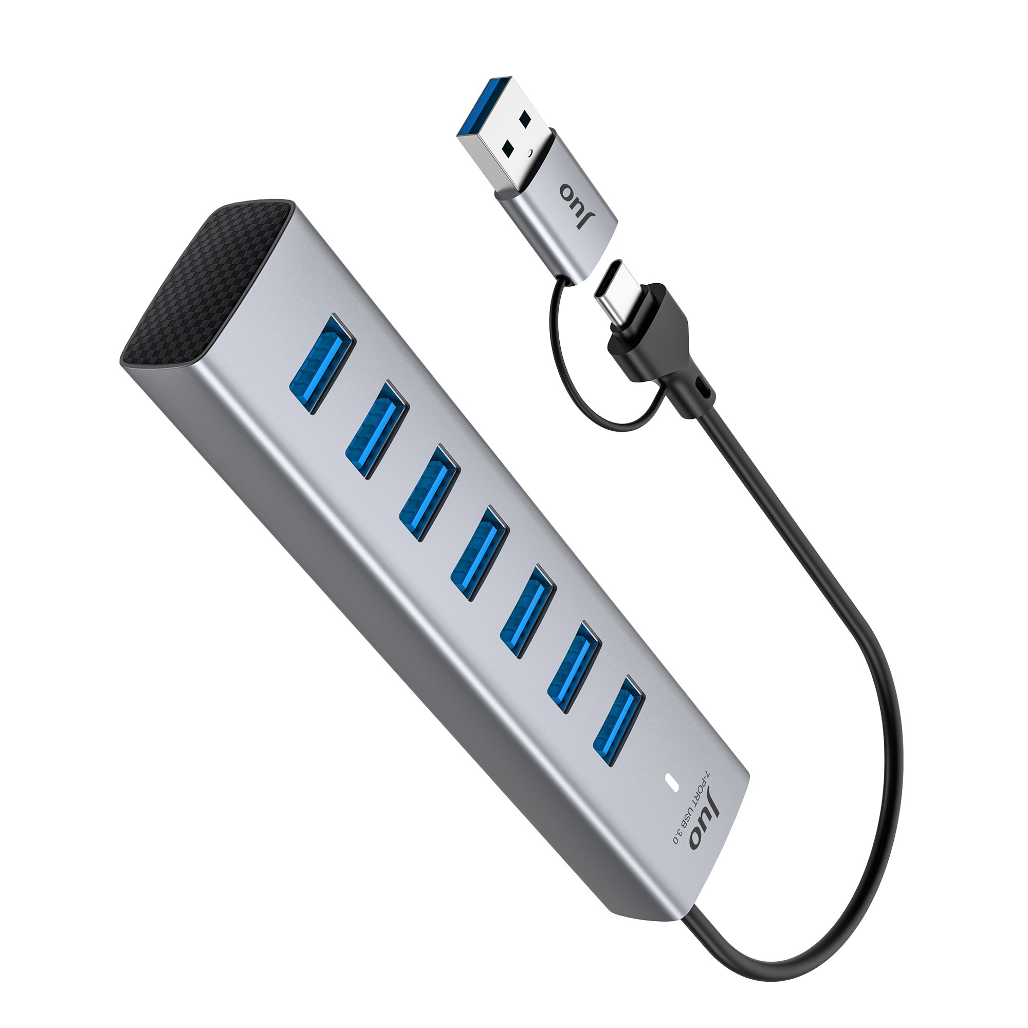Mavi portlu, siyah kablolu ve çift konektörlü gümüş renkli 7 portlu USB 3.0 çoklayıcı.