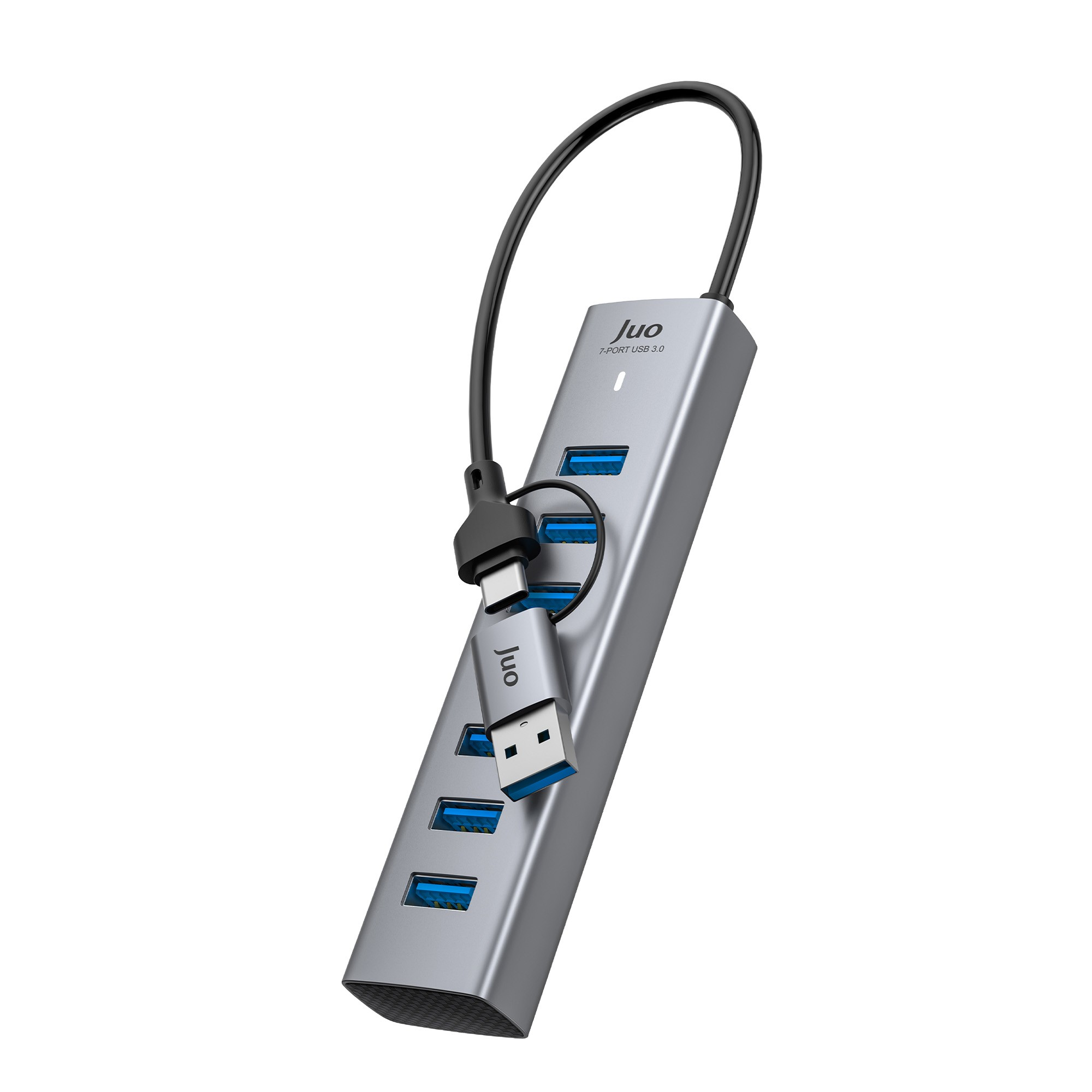 Bağlı USB-C kablosu ve adaptörü olan gri Juo 7 bağlantı noktalı USB 3.0 hub.