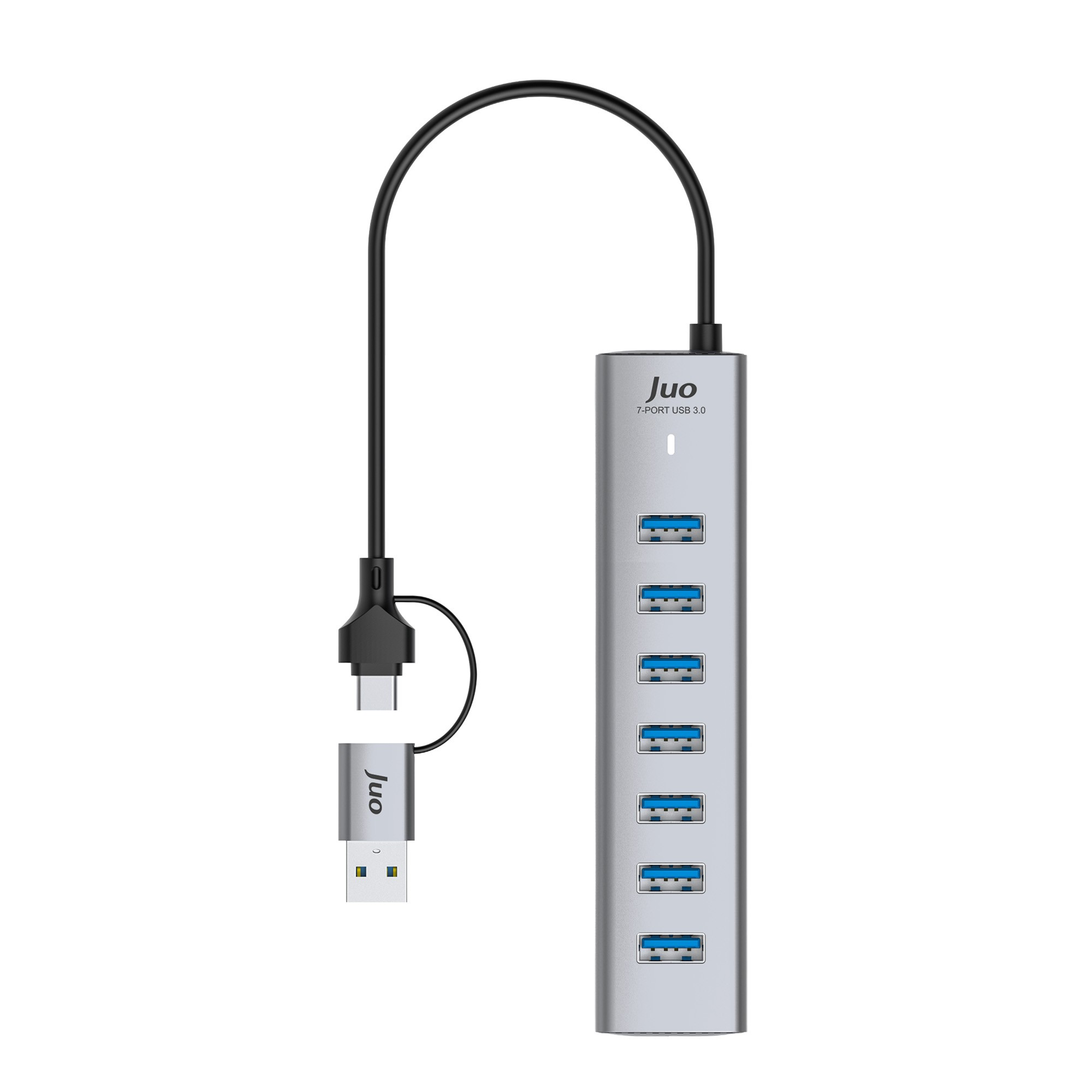 Beyaz arka planda siyah kablolu, USB-C konektörlü ve USB-A adaptörlü gümüş renkli 7 portlu USB 3.0 çoklayıcı.