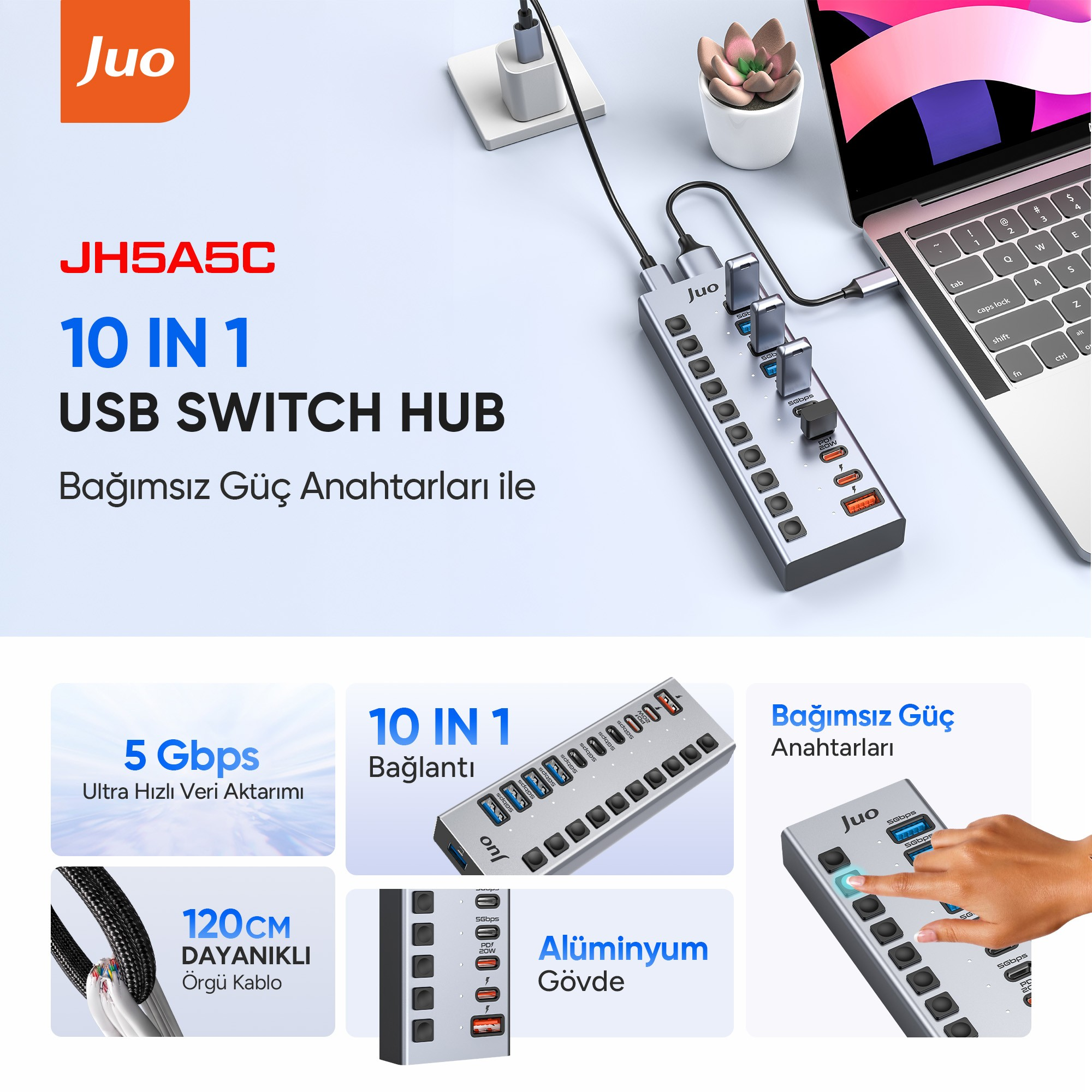 Laptopa bağlı Juo 10'u 1 arada USB switch hub ve özelliklerini belirten Türkçe yazılar.