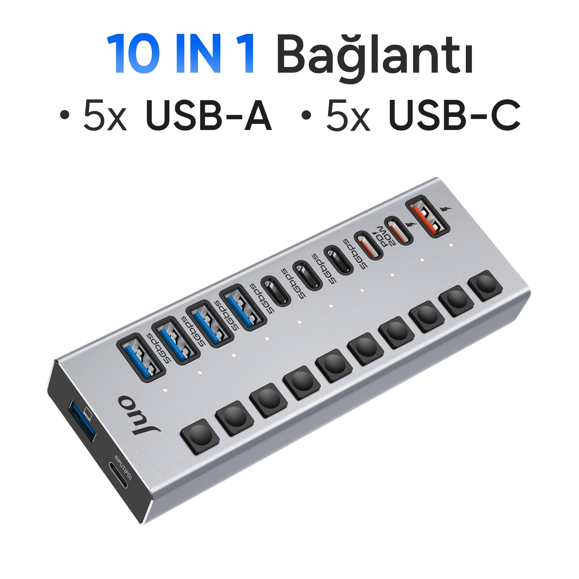 Beş USB-A ve beş USB-C bağlantı noktasına ve anahtarlara sahip gümüş renkli 10'u 1 arada USB çoklayıcı.