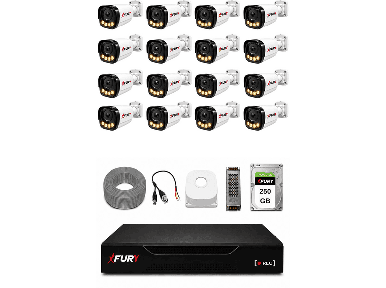 FURY 16 Kameralı 4 Warm LED Gece Renkli Görüş 250 GB HDD Güvenlik Kamera Seti Beyaz