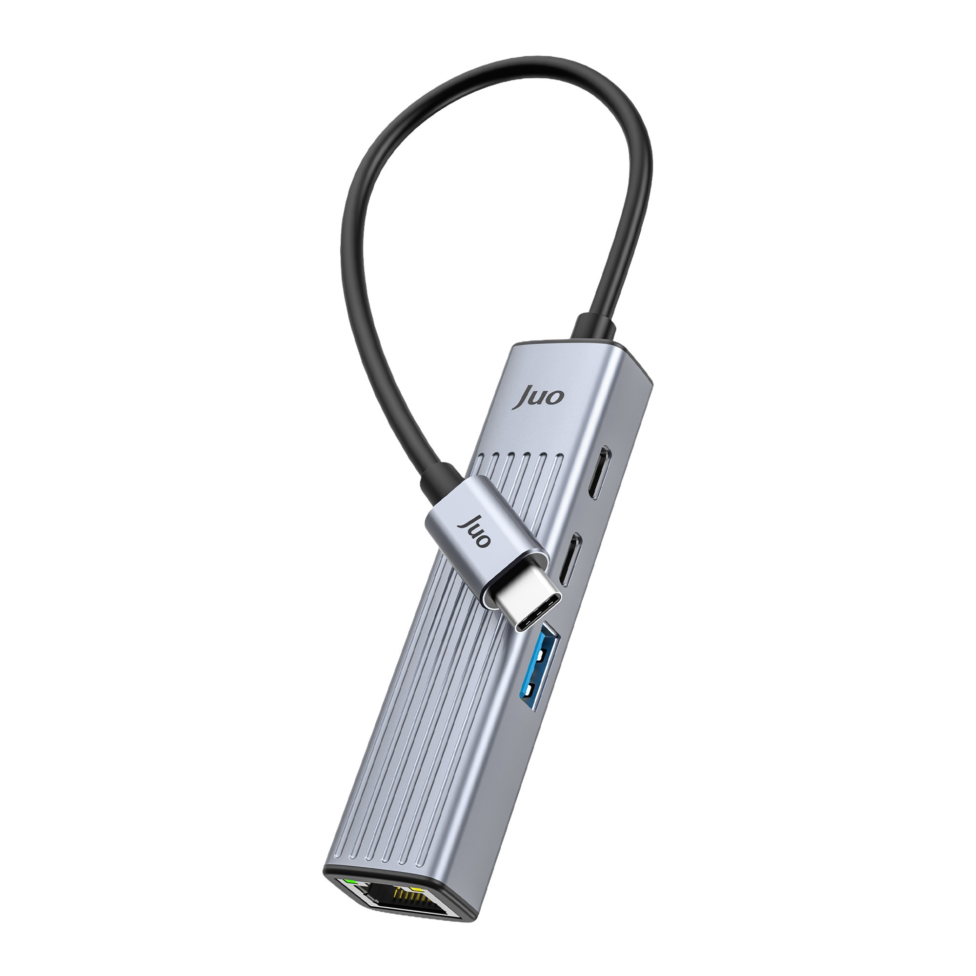 Beyaz arka planda siyah kablolu gri Juo USB-C çoklayıcı adaptör.