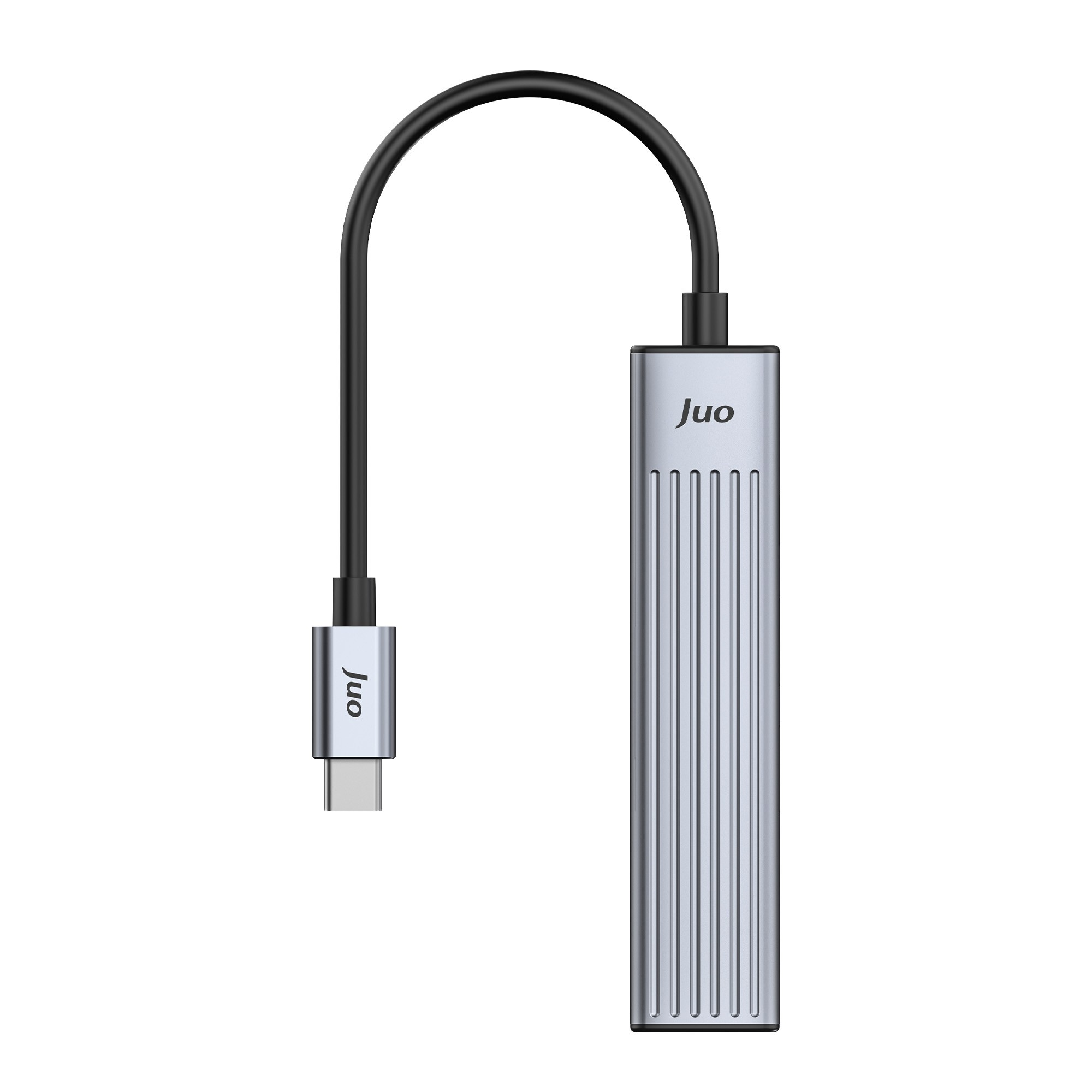 Siyah kablolu ve konektörlü, üzerinde Juo yazan gümüş renkli bir USB-C çoklayıcı.