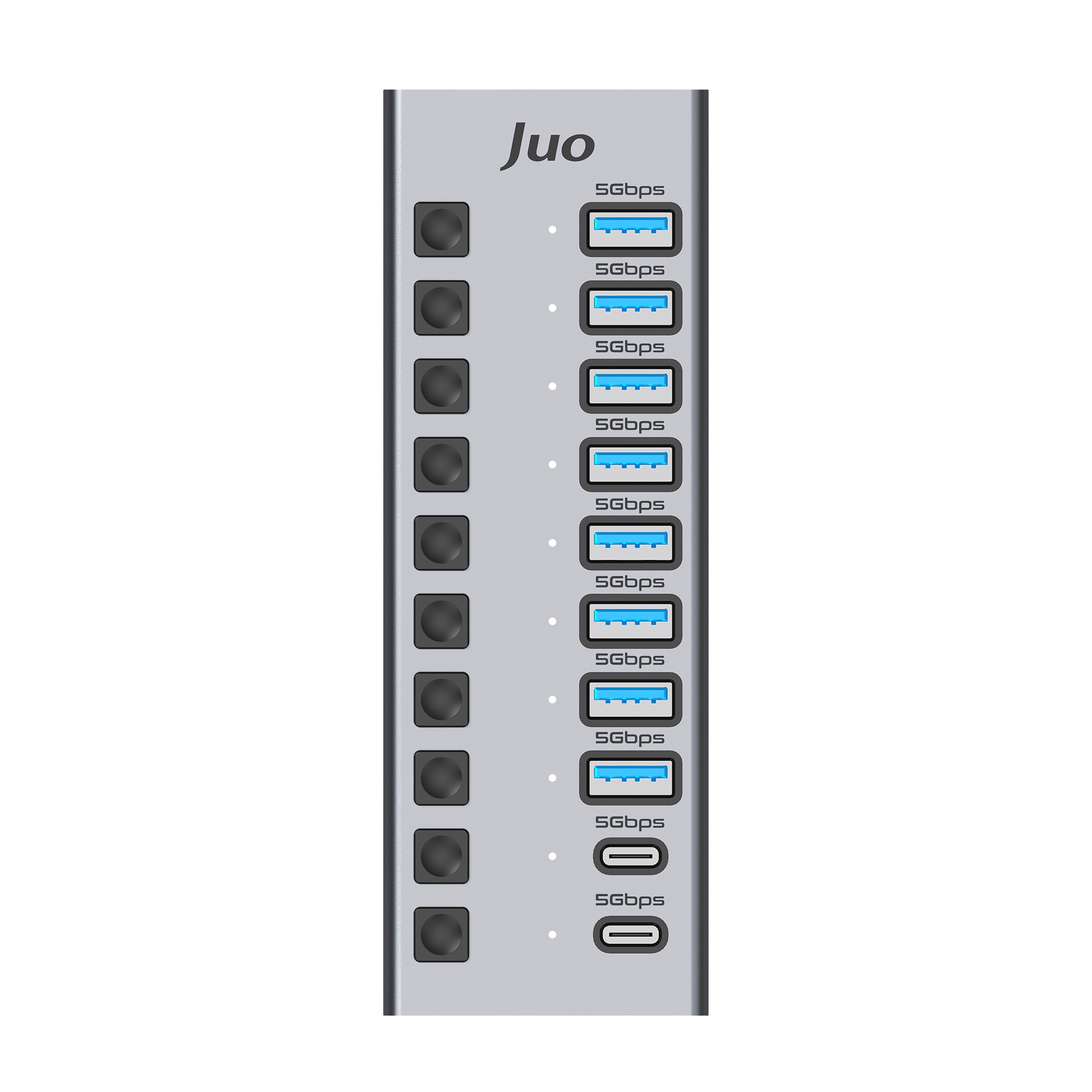 On bağlantı noktalı, yuvarlak düğmeli, mavi USB 3.0 portlu ve 5Gbps etiketli gri Juo USB çoklayıcı.