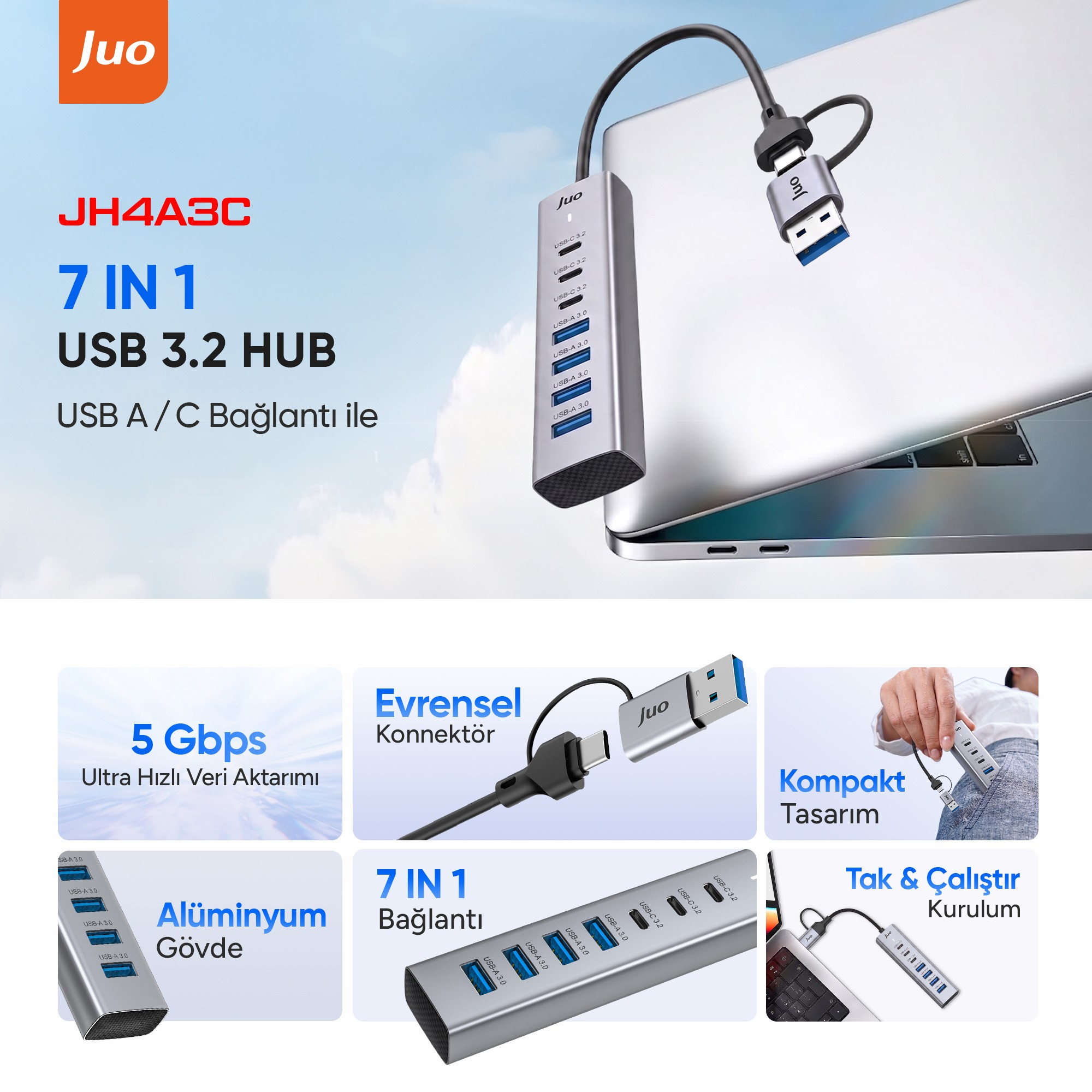 USB A/C bağlantılı, alüminyum gövdeli ve 5 Gbps veri aktarımı olan JuO 7'si 1 arada USB 3.2 Hub.