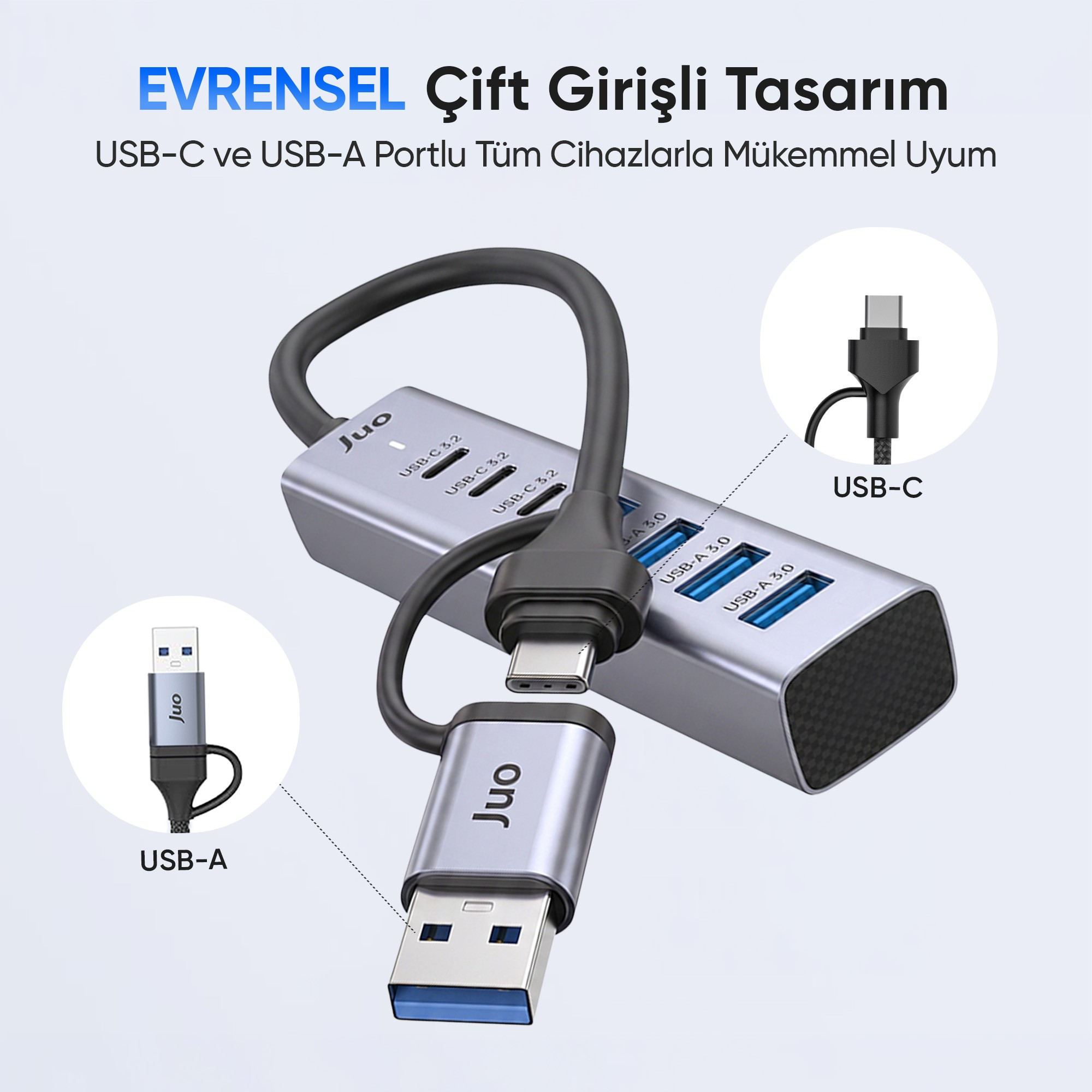 USB-C ve USB-A portlu gri Juo USB çoklayıcı, iki adet dairesel yakın çekim detay görseliyle.