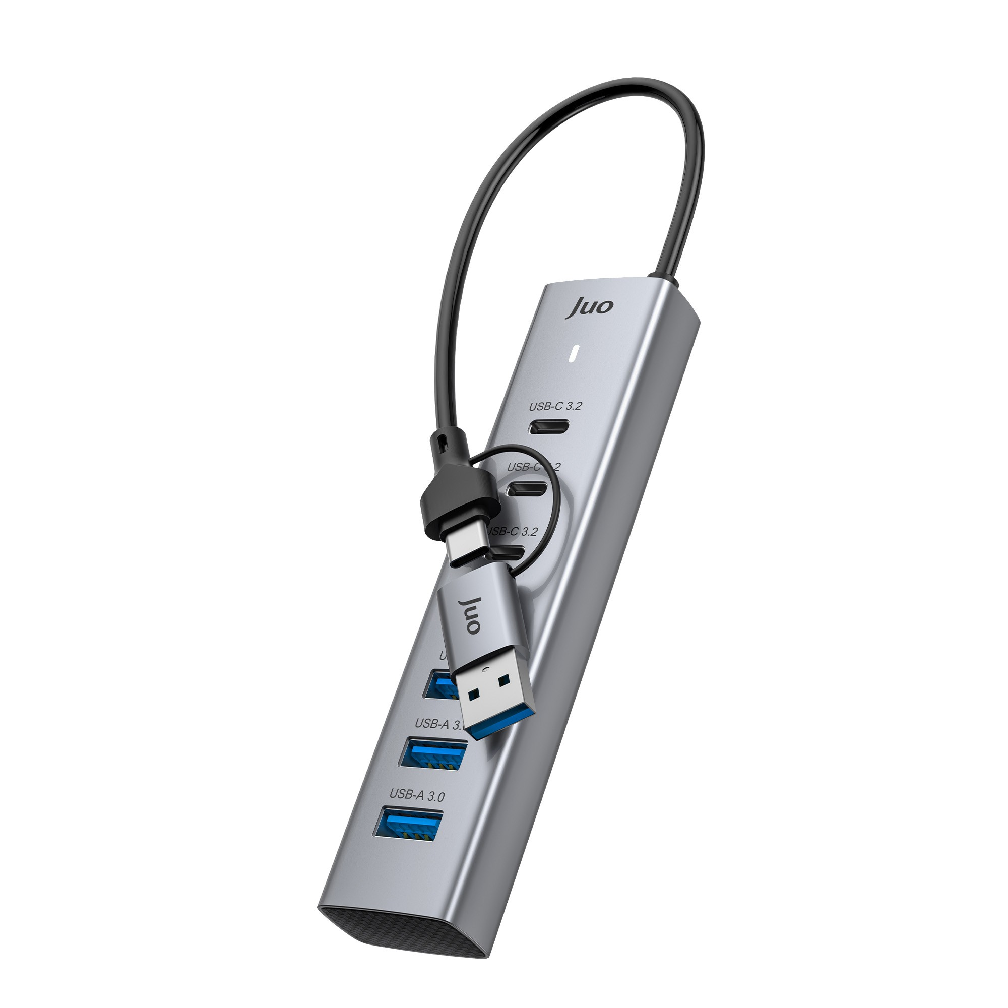 Entegre kabloya ve birden fazla USB-C ve USB-A bağlantı noktasına sahip gri bir USB çoklayıcı.