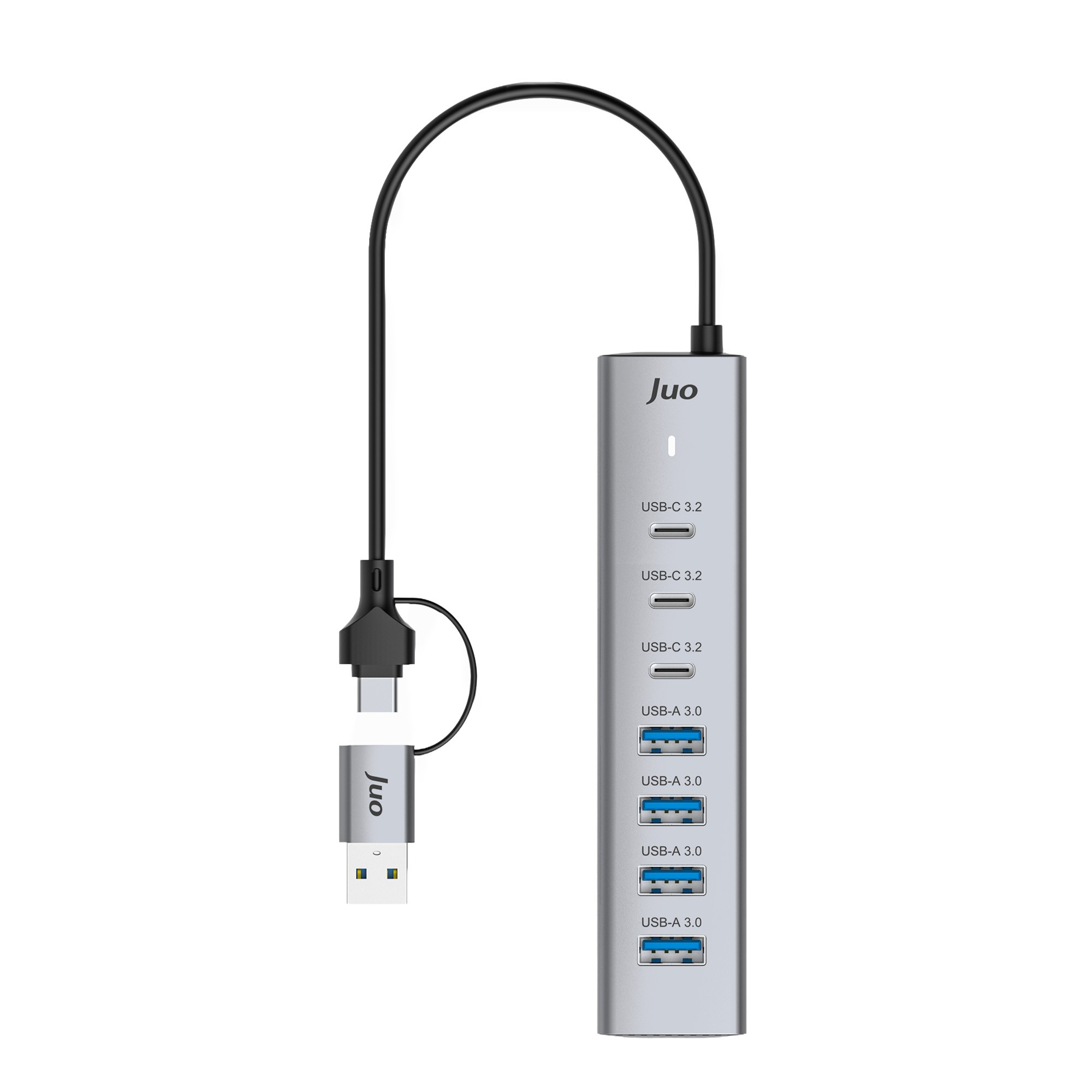 Üç USB-C ve dört USB-A bağlantı noktasına ve bir USB adaptöre sahip gümüş renkli Juo USB çoklayıcı.