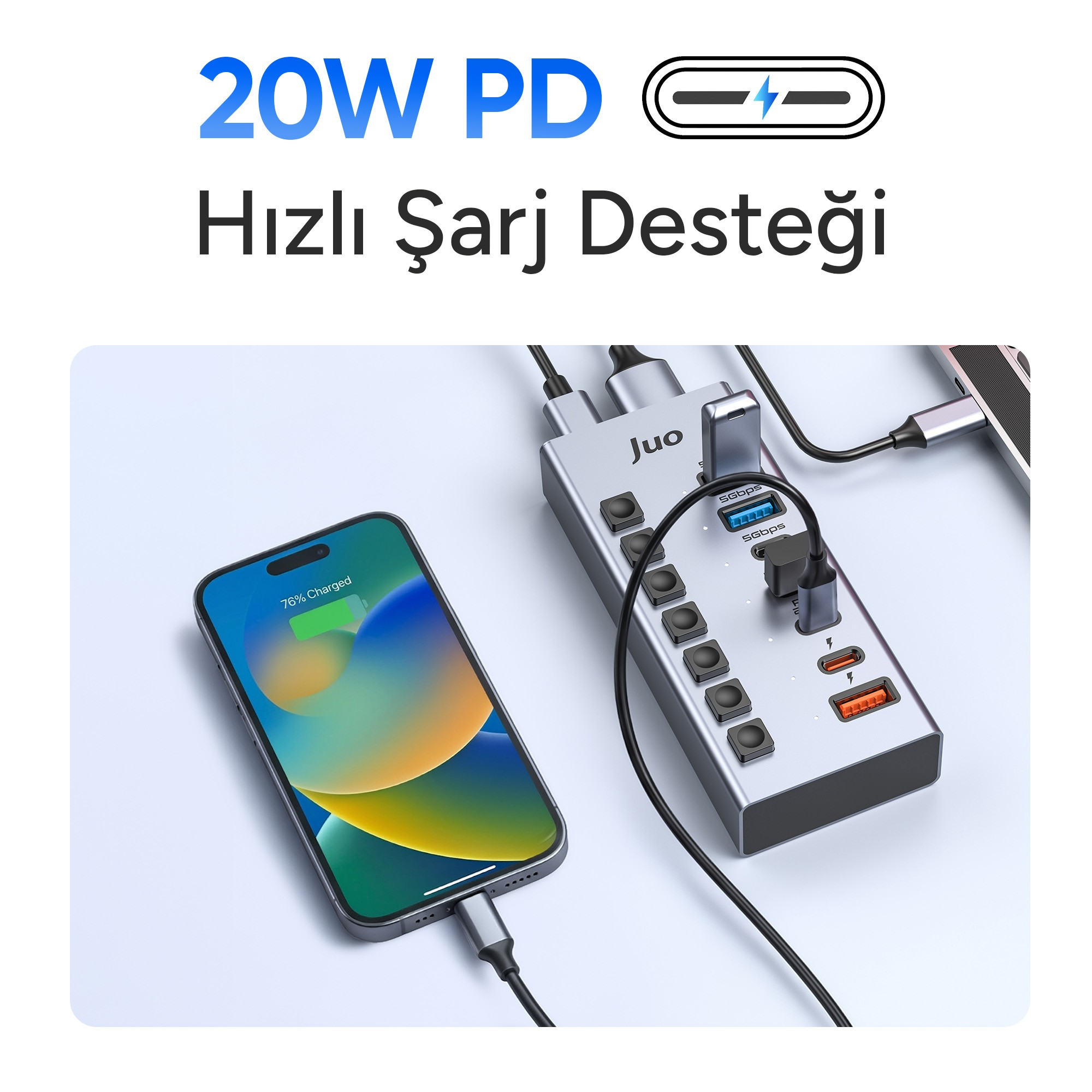 Akıllı telefon ve diğer aksesuarları şarj eden çok portlu JuO USB çoklayıcı.