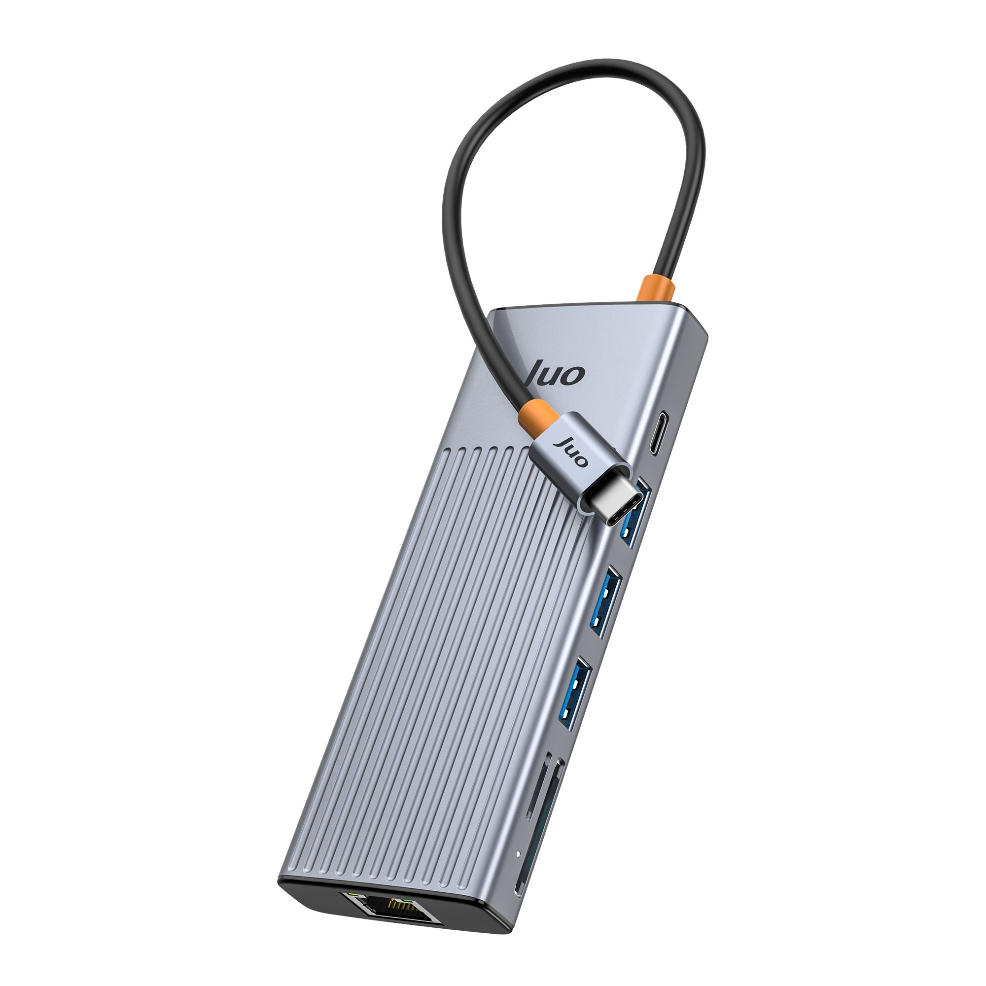 USB, HDMI ve Ethernet bağlantı noktalarına sahip gri Juo USB-C çoklayıcı.