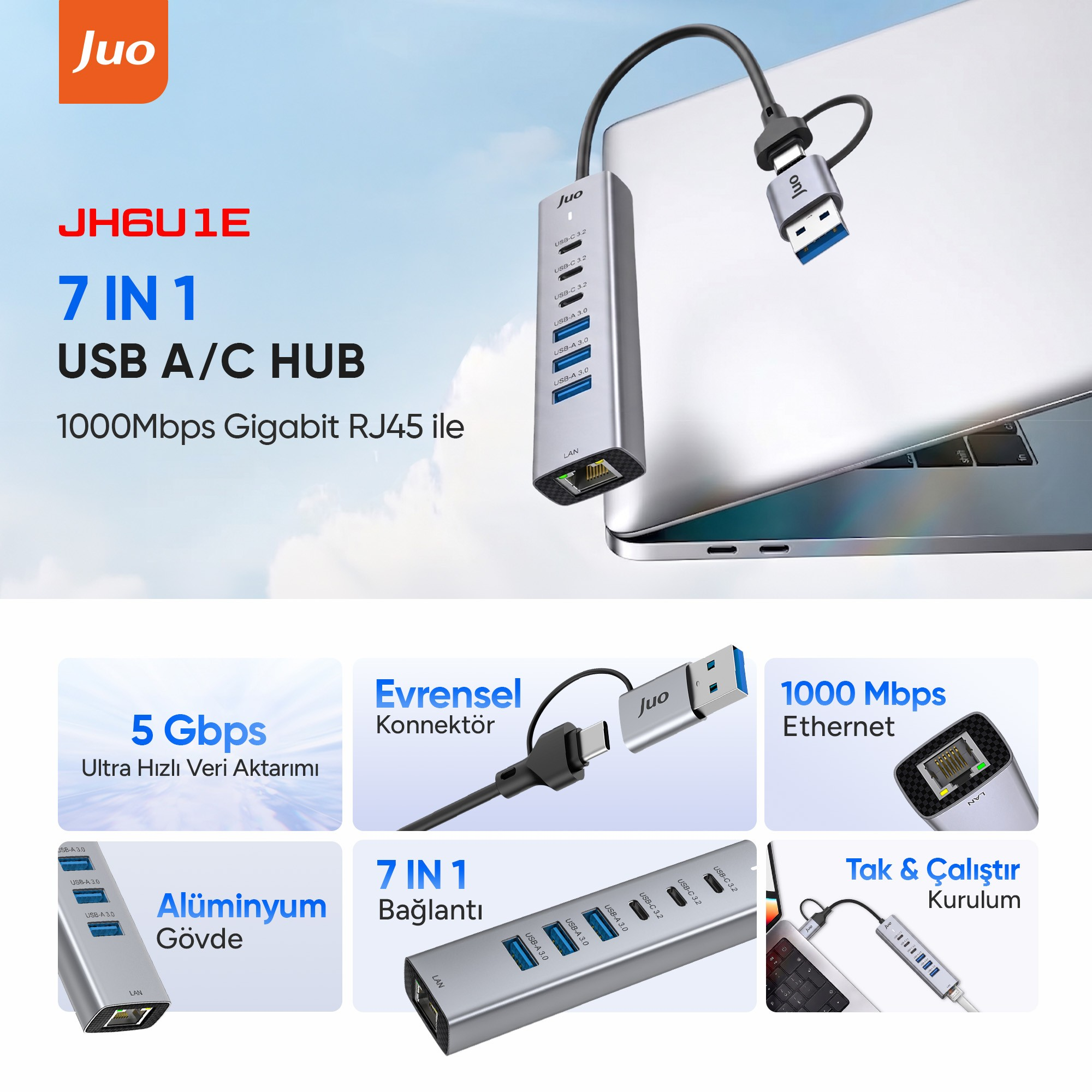 Ethernet ve 5Gbps özellikli, dizüstü bilgisayara bağlı gümüş renkli 7'si 1 arada USB çoklayıcı.