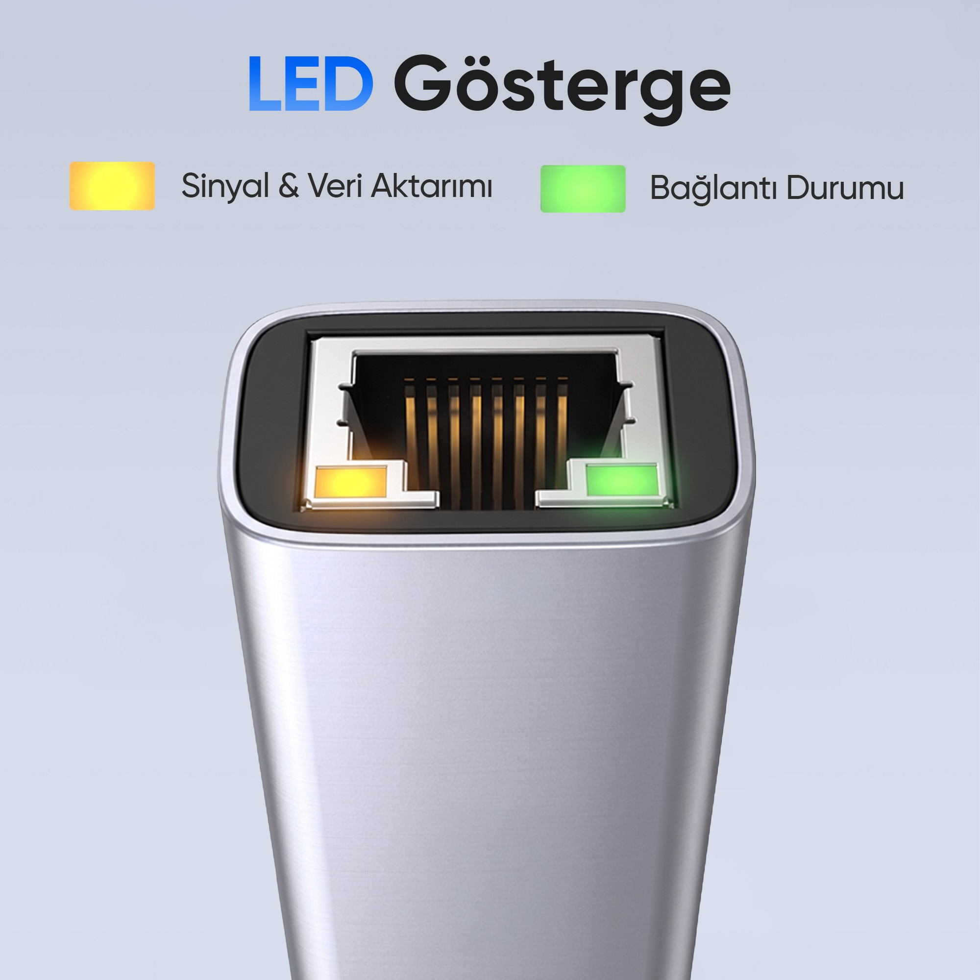 Sarı ve yeşil LED göstergeli ethernet portunun yakından görünümü.