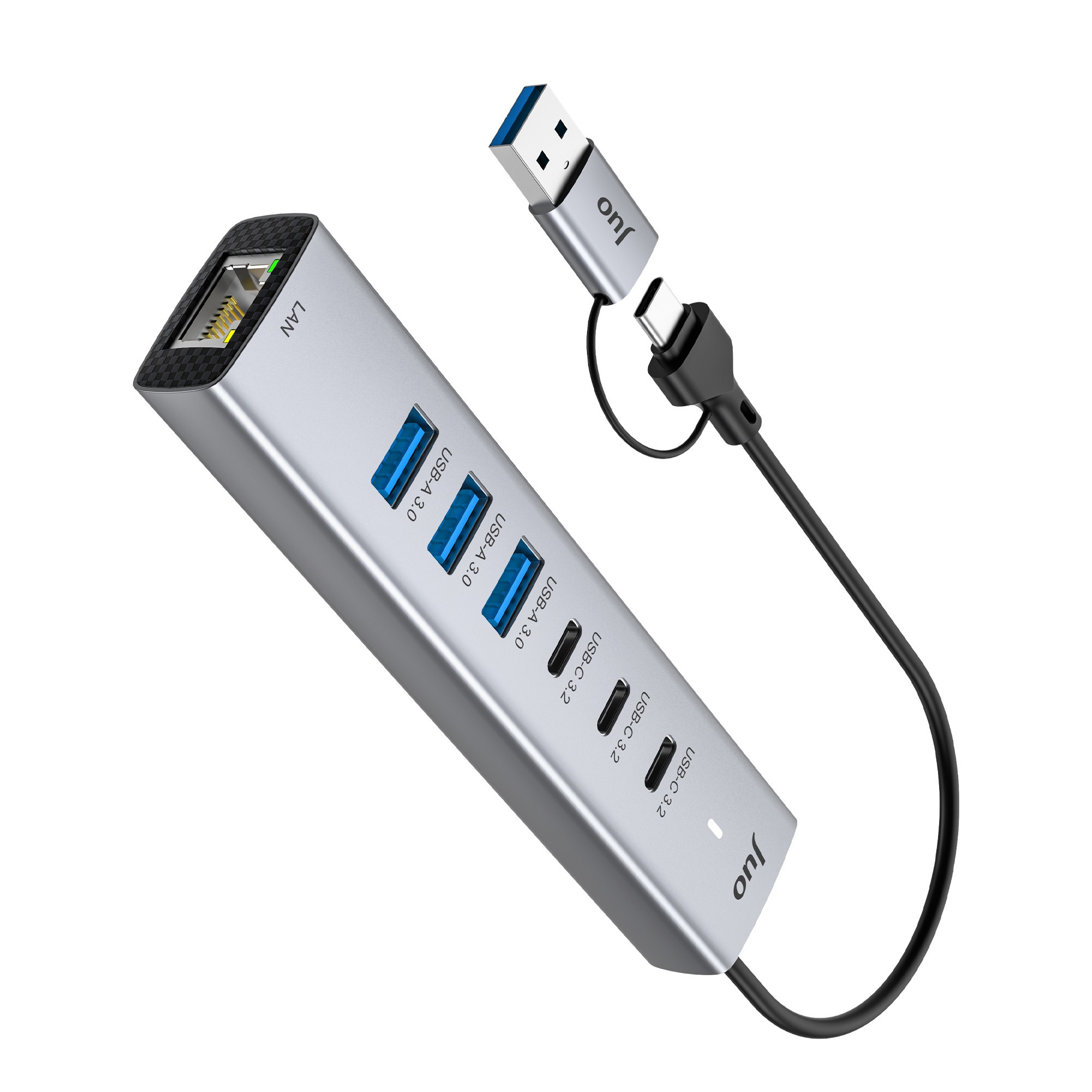 LAN bağlantı noktası, çok sayıda USB-A ve USB-C bağlantı noktası ve siyah bir bağlantı kablosu içeren gümüş renkli USB çoklayıcı.