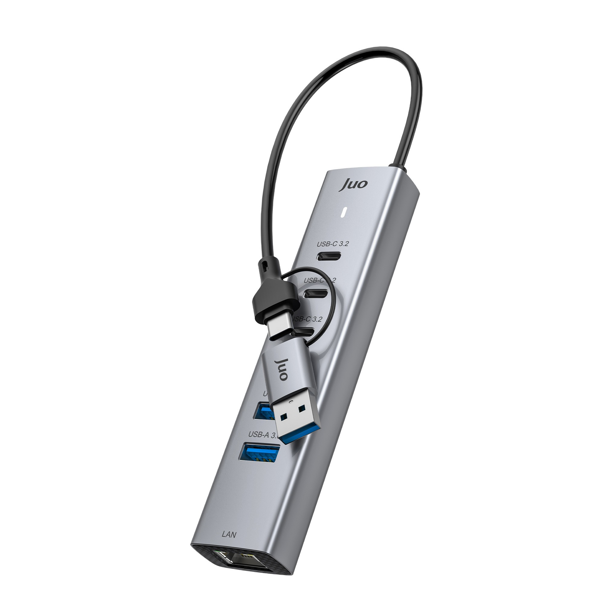 Beyaz arka planda çoklu bağlantı noktalarına, USB-A portlarına ve LAN portuna sahip gri Juo USB-C hub.