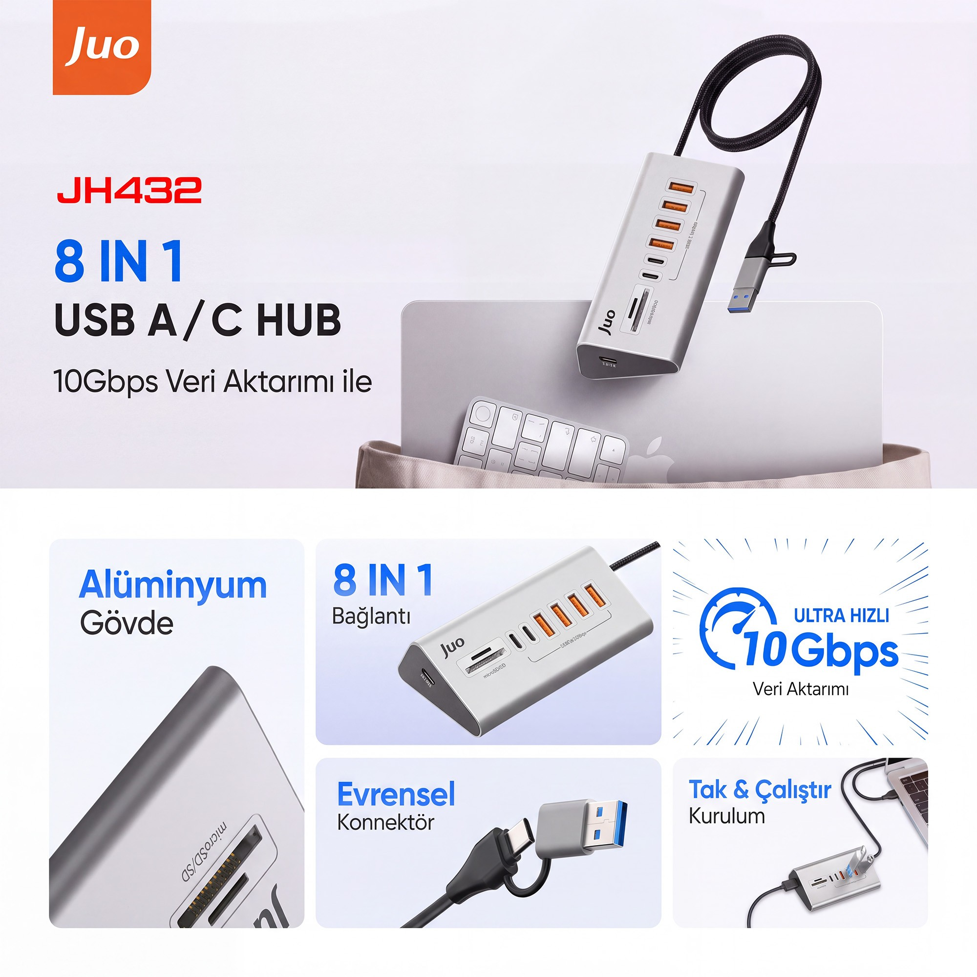 Birden çok bağlantı noktasına, bağlı kabloya ve Türkçe tanıtım metnine sahip gümüş rengi 8'i 1 arada USB çoklayıcı.