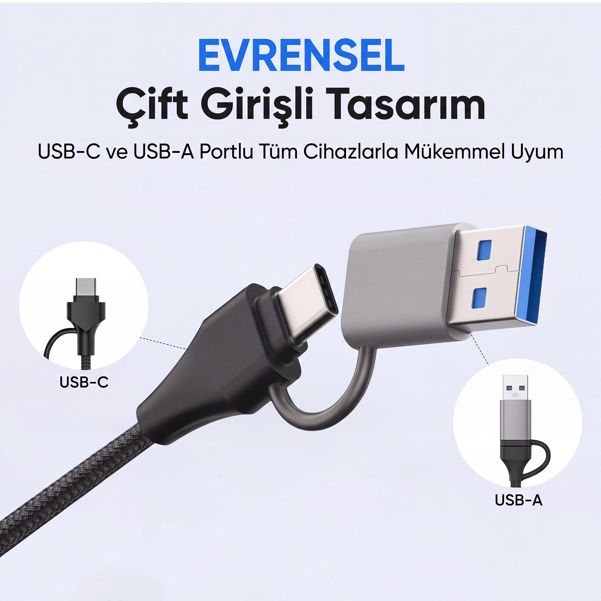 USB-C ve USB-A konnektörlerine sahip, Türkçe metinli bir kablo.