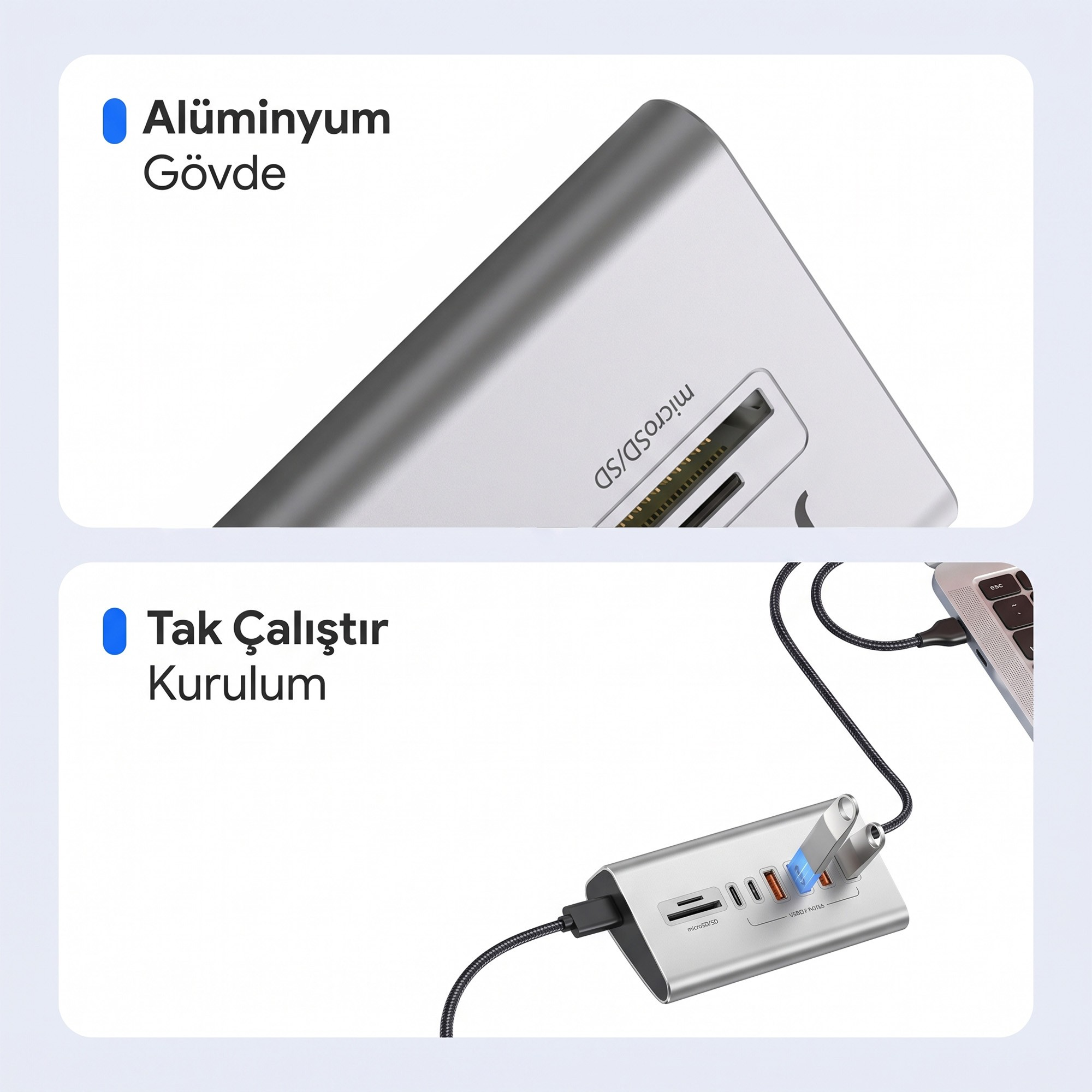 Kart okuyuculu ve dizüstü bilgisayara bağlı gümüş renkli USB-C hub.