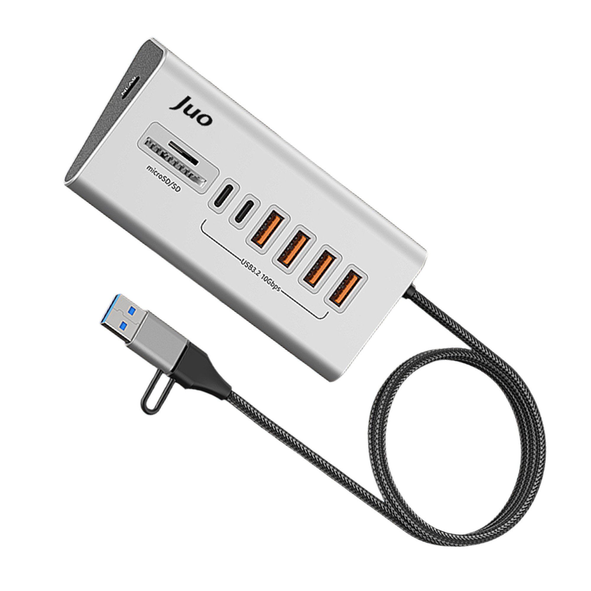 Çok sayıda USB-C ve USB bağlantı noktası, microSD kart okuyucu ve siyah kablo içeren gümüş renkli Juo USB çoklayıcı.