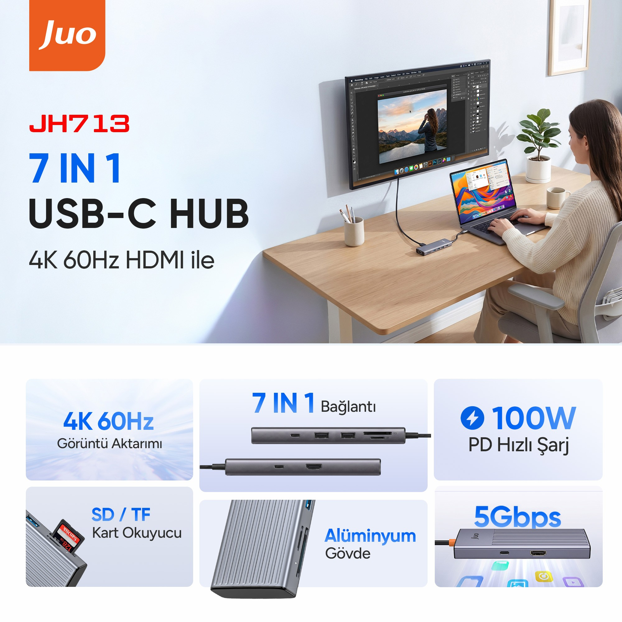 Bir kadın ahşap masada dizüstü bilgisayar, monitör ve USB-C çoklayıcı ile çalışıyor.