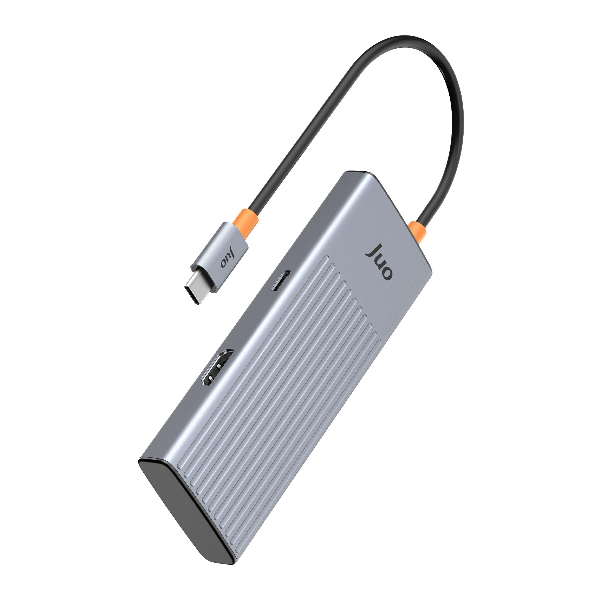 Beyaz arka planda yivli yüzeye ve bağlı USB-C kablosuna sahip gri Juo USB-C çoklayıcı.